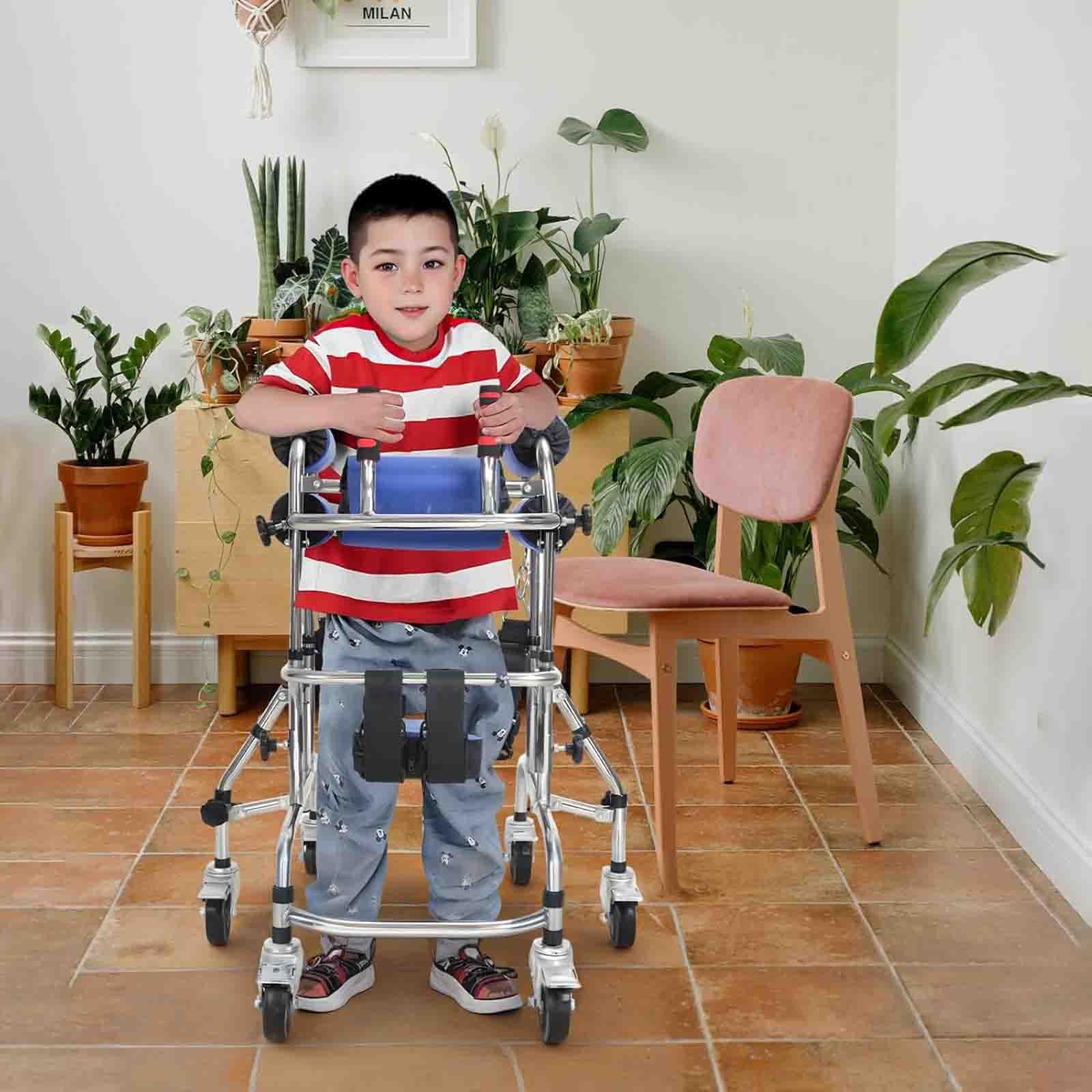 Andador pediátrico de altura y anchura ajustables con 6 ruedas y diseño antivuelco; andador de rehabilitación plegable para niños de 85 a 130 cm