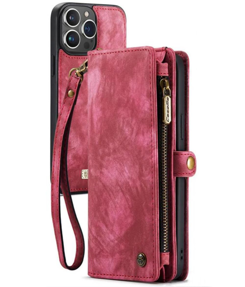 Funda de Cuero con Tapa magnética para iPhone 12 11 13 14 15 Pro MAX XS XR X SE 2022 8 Plus Funda para Tarjeta Tipo Billetera con Cremallera, Rojo, para iPhone 7 (iPhone 8)