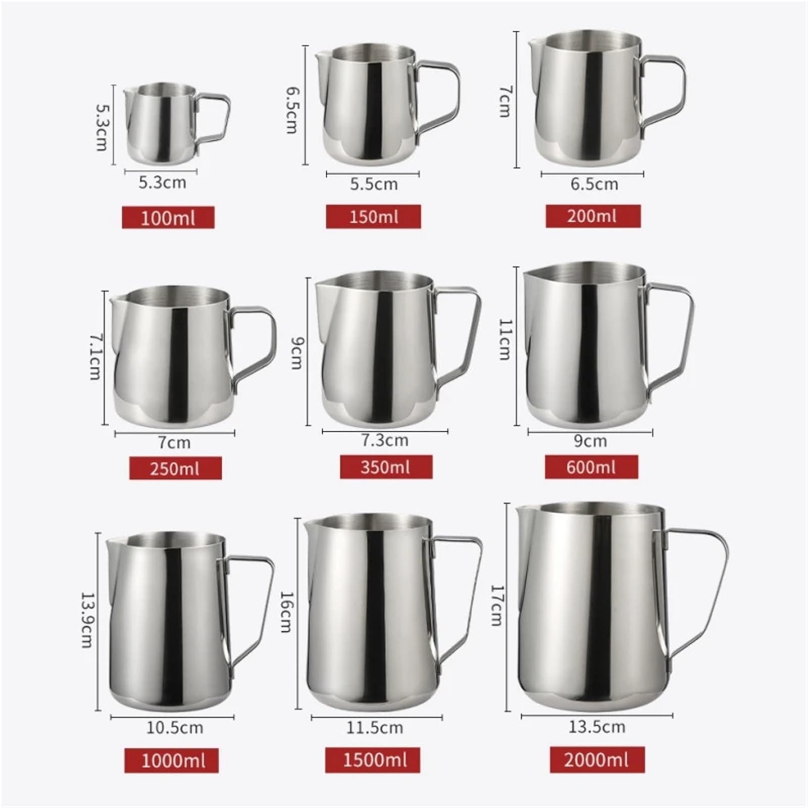 Jarras de leche acero inoxidable, jarra artesanal for espumar, café, Latte, espuma artística, tazón taza, 2 uds Para Espumar(2000ml)