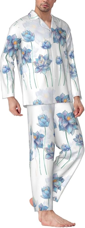 Pale Blue Lotus Flowers for Mens Pajamas Set, Soft Long Sleeve Pajamas for Lightweight Button