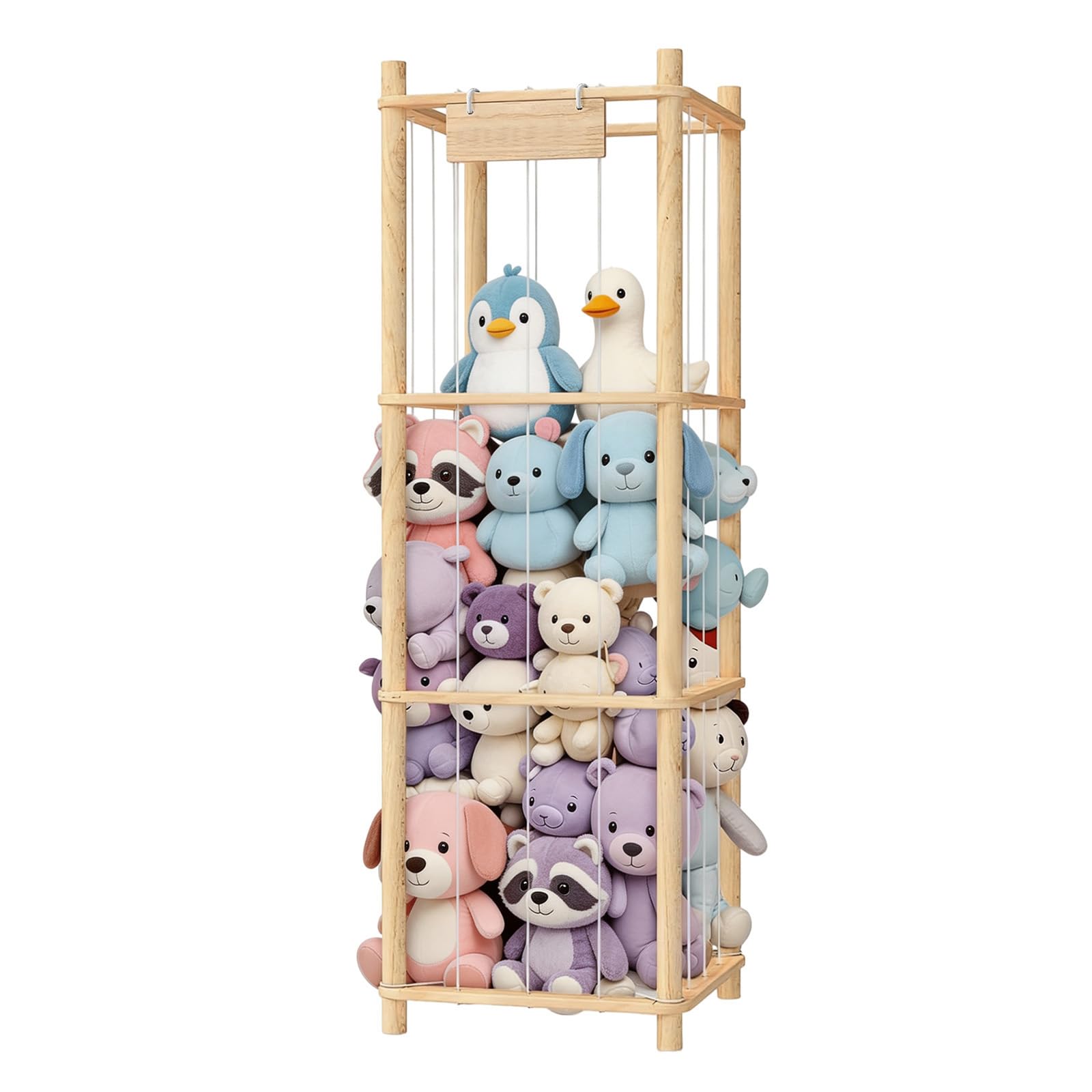 Organizador de Peluches de Madera 3 Niveles, Cuerdas Elásticas | Soporte para juguetes ahorra espacio con placa para nombre, para dormitorio y sala, natural (53,5 x 15,7 x 15,7 Inch)