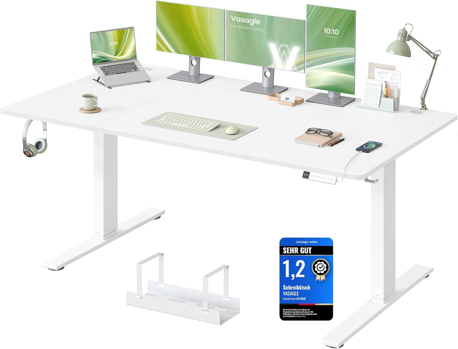 VASAGLE Höhenverstellbarer Schreibtisch, 180 x 80 cm, USB-C-Anschluss, Ablage für Steckdosenleiste, Stehtisch, Erinnerung bei langem Sitzen, 3 Speichertasten, für Büro, mattweiß LSD148WZ02