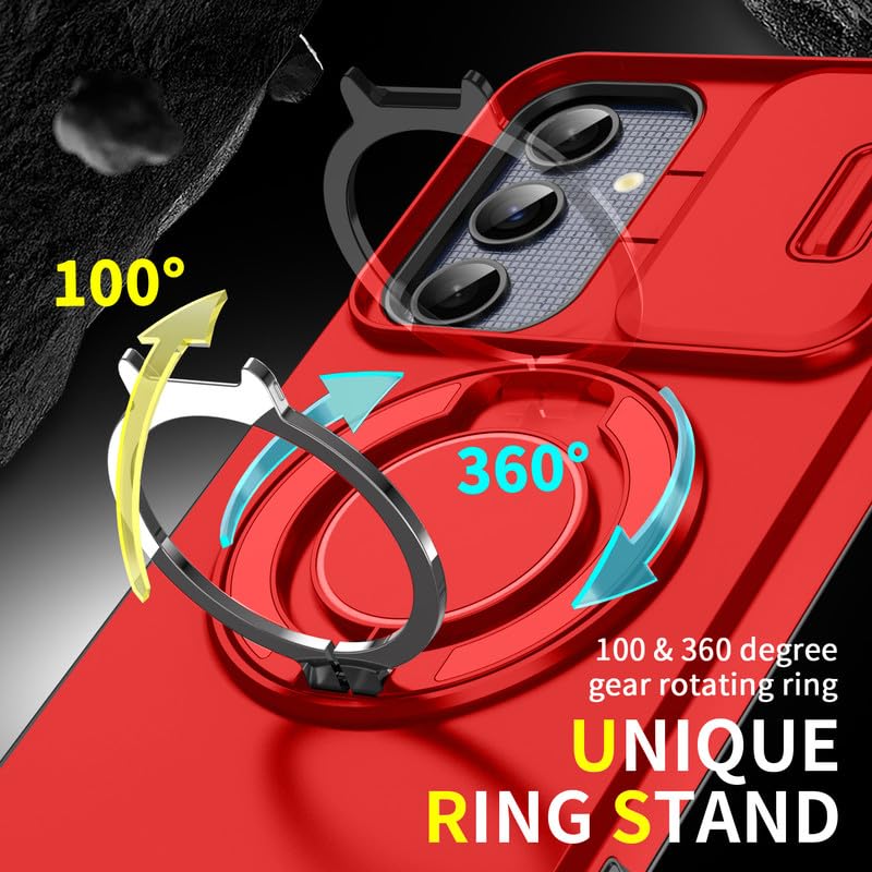 Image of LuxuryKase Shockproof Rugged Case for Samsung Galaxy S24 | Slide Camera Cover | 360 Rotating Ring Kickstand | Military-Grade Protection - Cherry Red