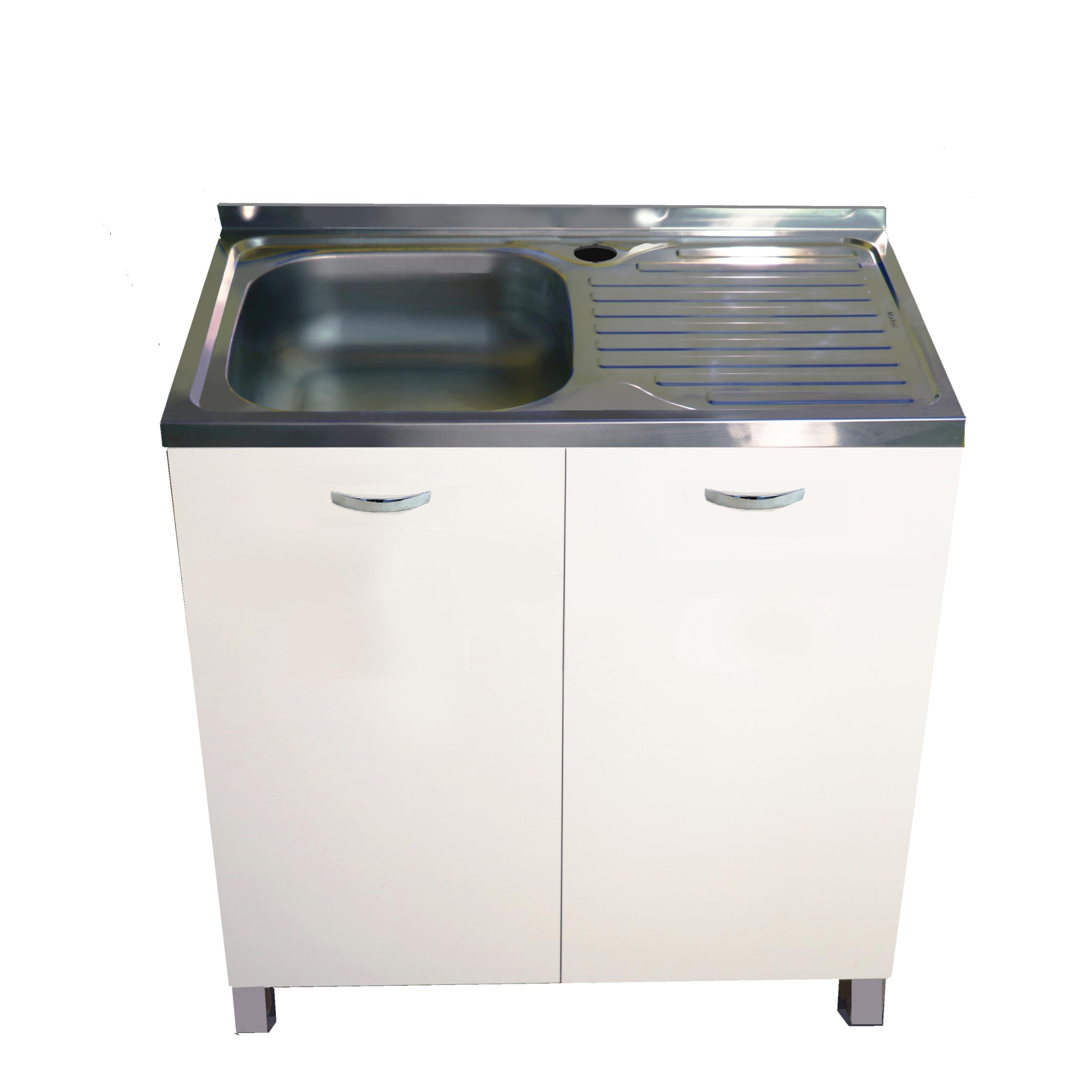 MABEL Mobile Sottolavello Cucina Bianco Organizer in Legno Nobilitato con Lavello da Appoggio in Acciaio Vasca a Sinistra con Gocciolatoio - L 80 cm x P 50 cm x H 83,5 cm