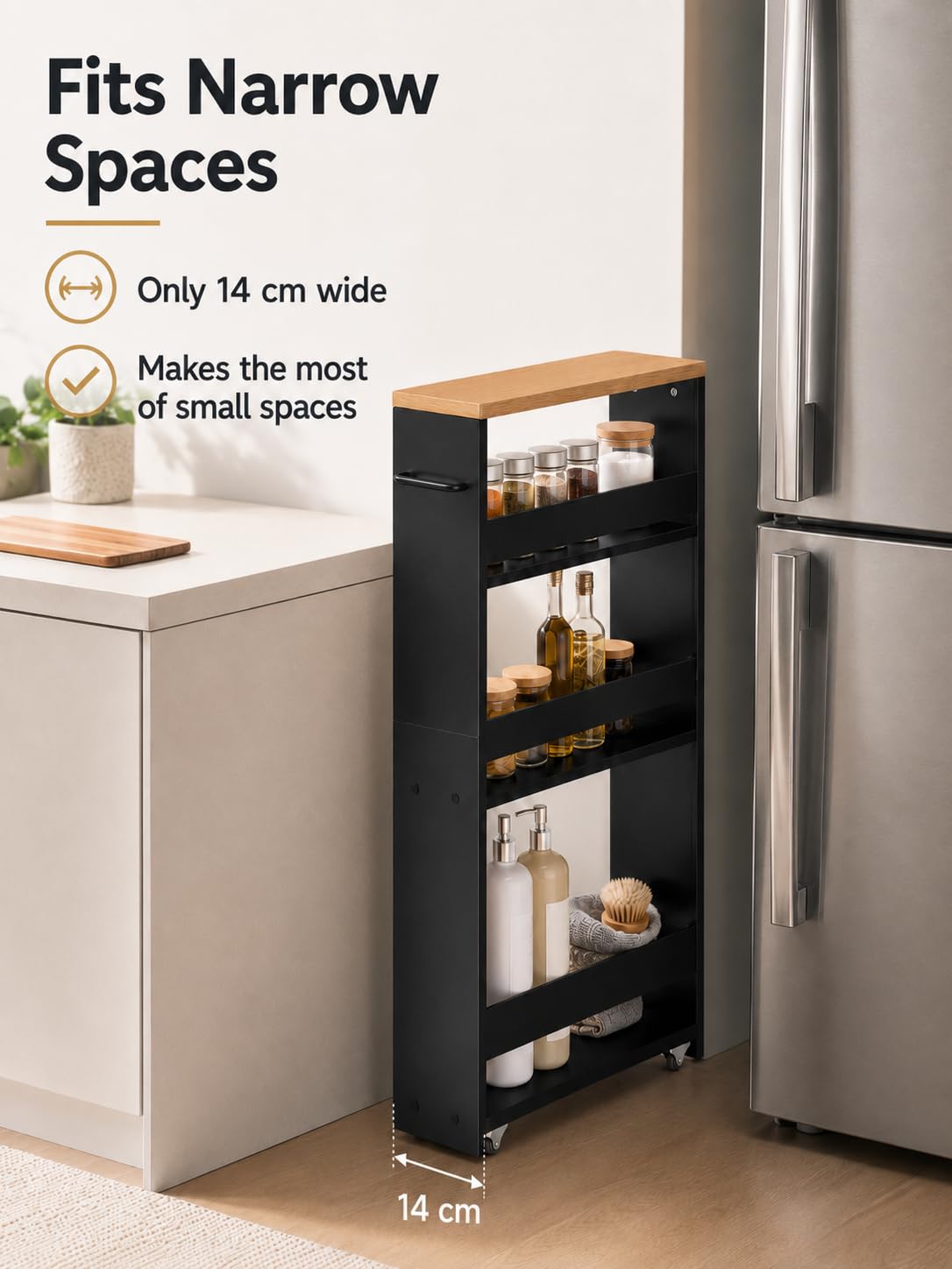 estantería Vertical Negra Estrecha con Ruedas 1 Unidad 80x40x14cm | Estantería vertical de 3 niveles para espacios reducidos con almacenamiento práctico y acceso fácil a objetos diarios