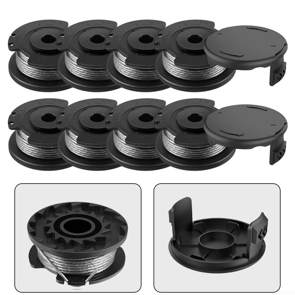 Hilo para cortabordes Recambio de Hilo, Paquete de 8 carretes de Hilo for Recortadora y 2 Cubiertas for Modelos Art de 1,6 mm de diámetro y 4,9 m de Longitud de Nailon Negro