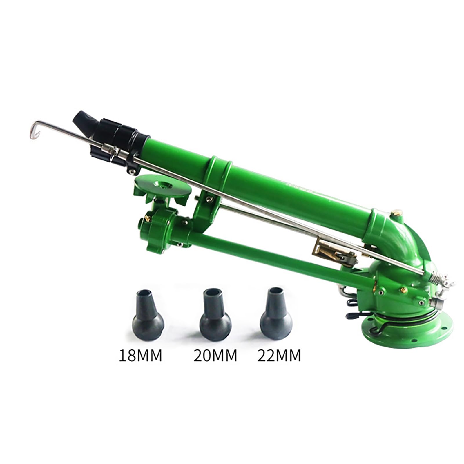 Wytrzymały metalowy pistolet zraszający do trawnika o regulowanej średnicy 40-100 metrów, zawiera wspornik 1,2 m i 3 wymienne dysze do węży 18 mm/20 mm/22 mm