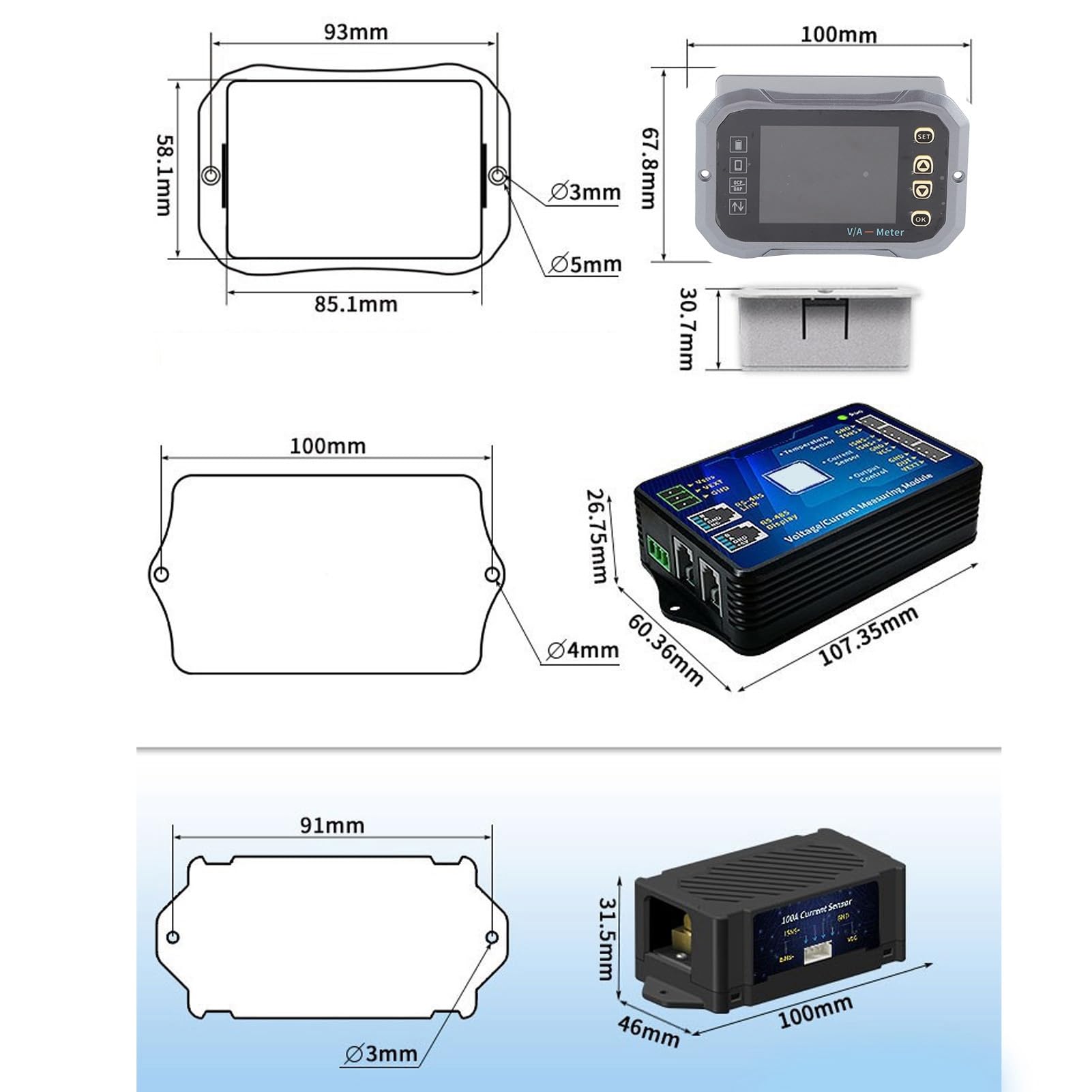 Hyuduo Monitor Akumulatora z Bocznikiem Inteligentny Miernik Coulomba Kolorowy Ekran 100 A Miernik Napięcia Prądu i Mocy z komunikacją 485 i aplikacją Bluetooth dla łodzi RV Solar