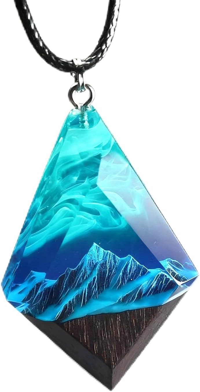 Drawelry Resin Necklace, Handmade Wood Epoxy Pendant with Walnut Wood Base, Nature Mountain Inspired Jewelry for Men Women Geometric Christmas Gift for Hikers Outdoors Lovers