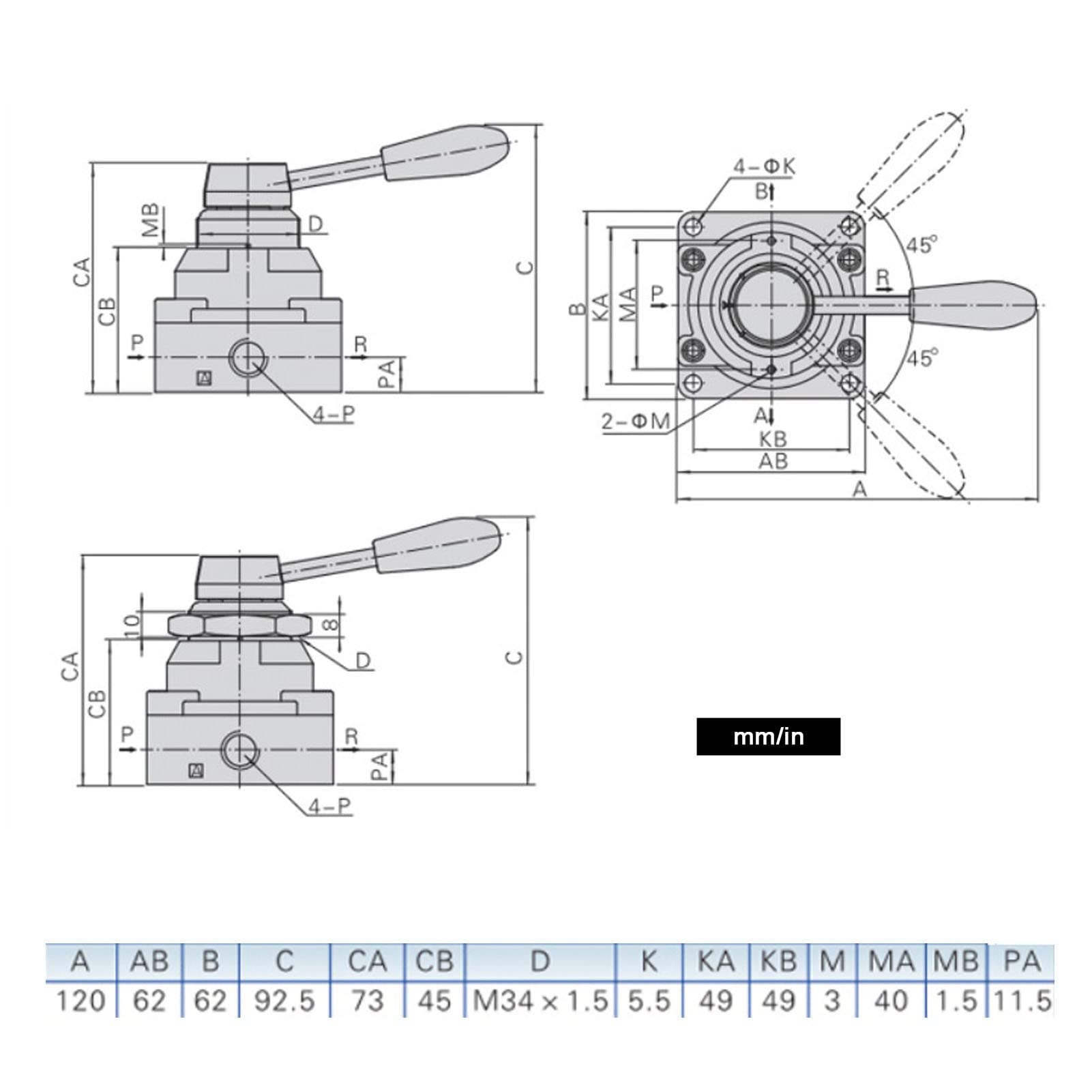 Pièces de rechange Levier rotatif vanne manuelle contrôle du débit d'air 0~1.0mpa 0?145Psi 2 positions 4 voies accessoire de commutateur pneumatique en alliage d'aluminium