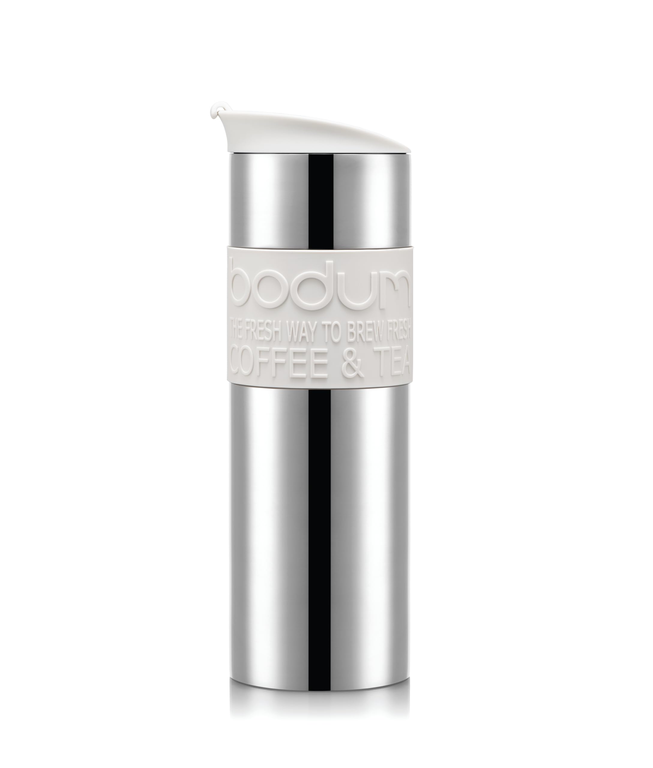15oz Double Wall Insulated Travel Mug with Lid, Stainless Steel w/White Silicone Sleeve