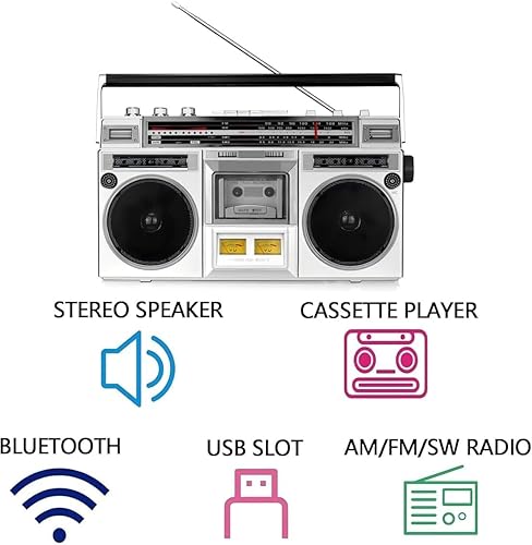 Miniatura 3 de Reproductor de cassette retro Bluetooth con reproductor de cinta de CD, FM y radio Dab+, Boombox clásico de los años 80 con grabación USB y