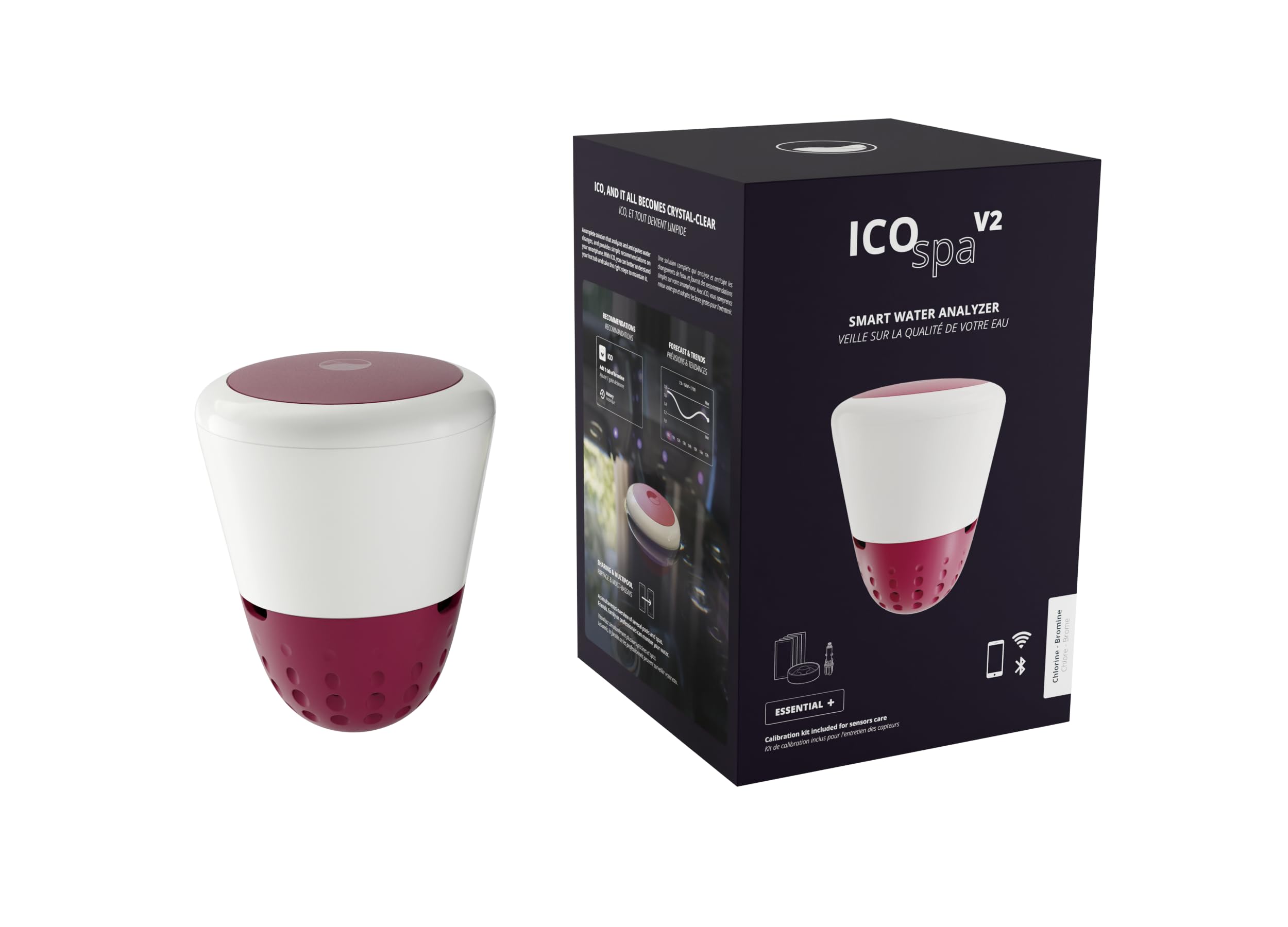 Ondilo ICO Spa V2 Essential+ Chlore Brome – Analyseur d’Eau connecté Spa | Mesures 1 fois/heure pH, ORP, température de l’eau – Kit de calibration inclus - Recommandations personnalisées