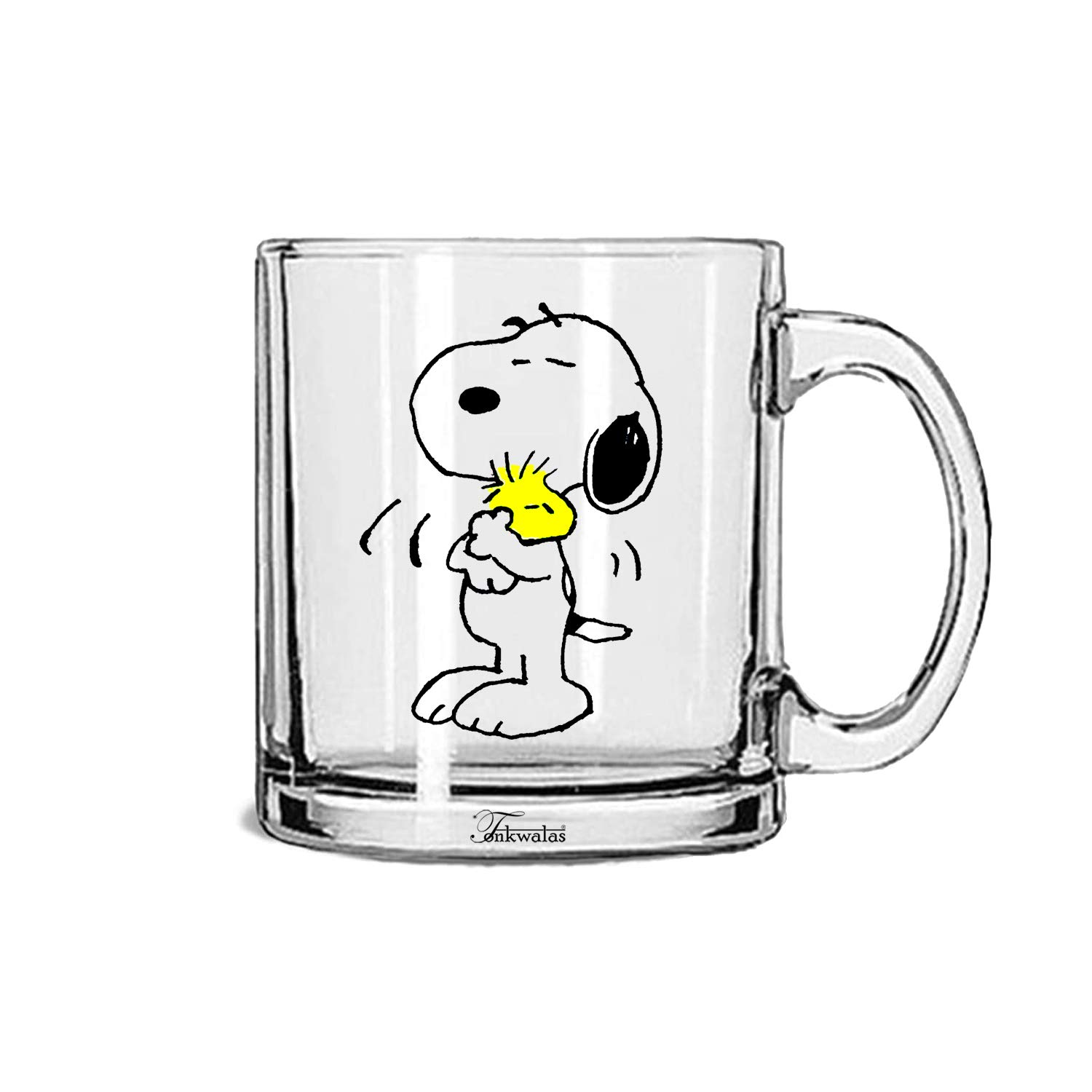 TONKWALAS Peanuts Snoopy Printed Transparent Glass Coffee and Tea Mug Gift for Dog Lovers, Cartoon Lovers (325 ML)