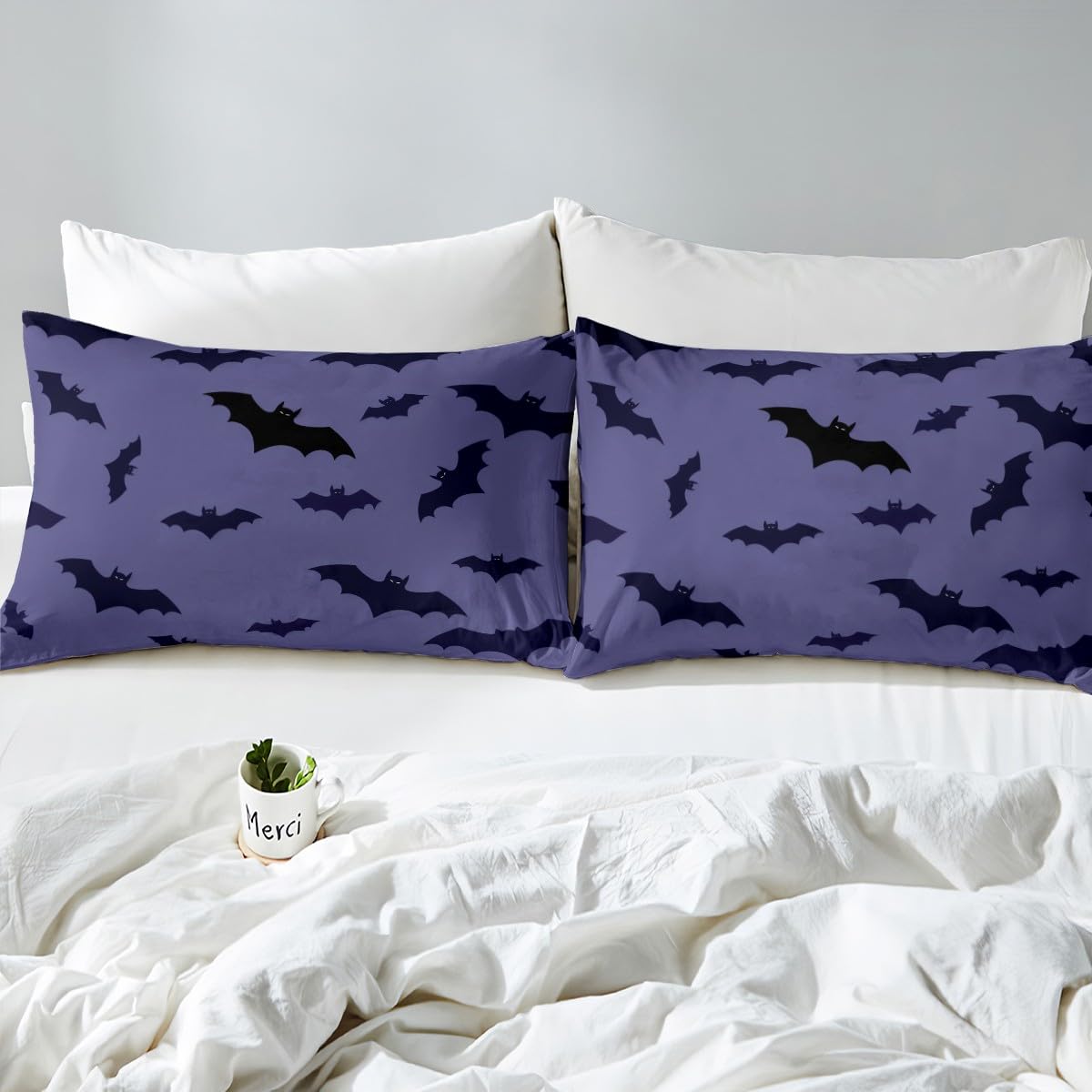 Feelyou Halloween Queen Bed Sheet Set - 4 Piece Black Bats Print, 16" Deep Pockets, Luxury Microfiber