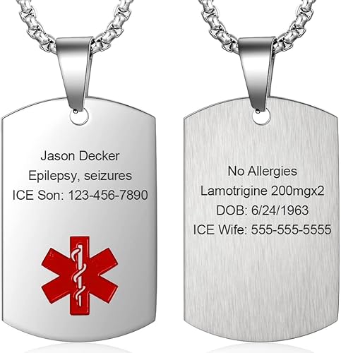 Collar de alerta médica personalizada de acero inoxidable para hombres y mujeres, etiqueta de identificación médica de emergencia grabada para él y