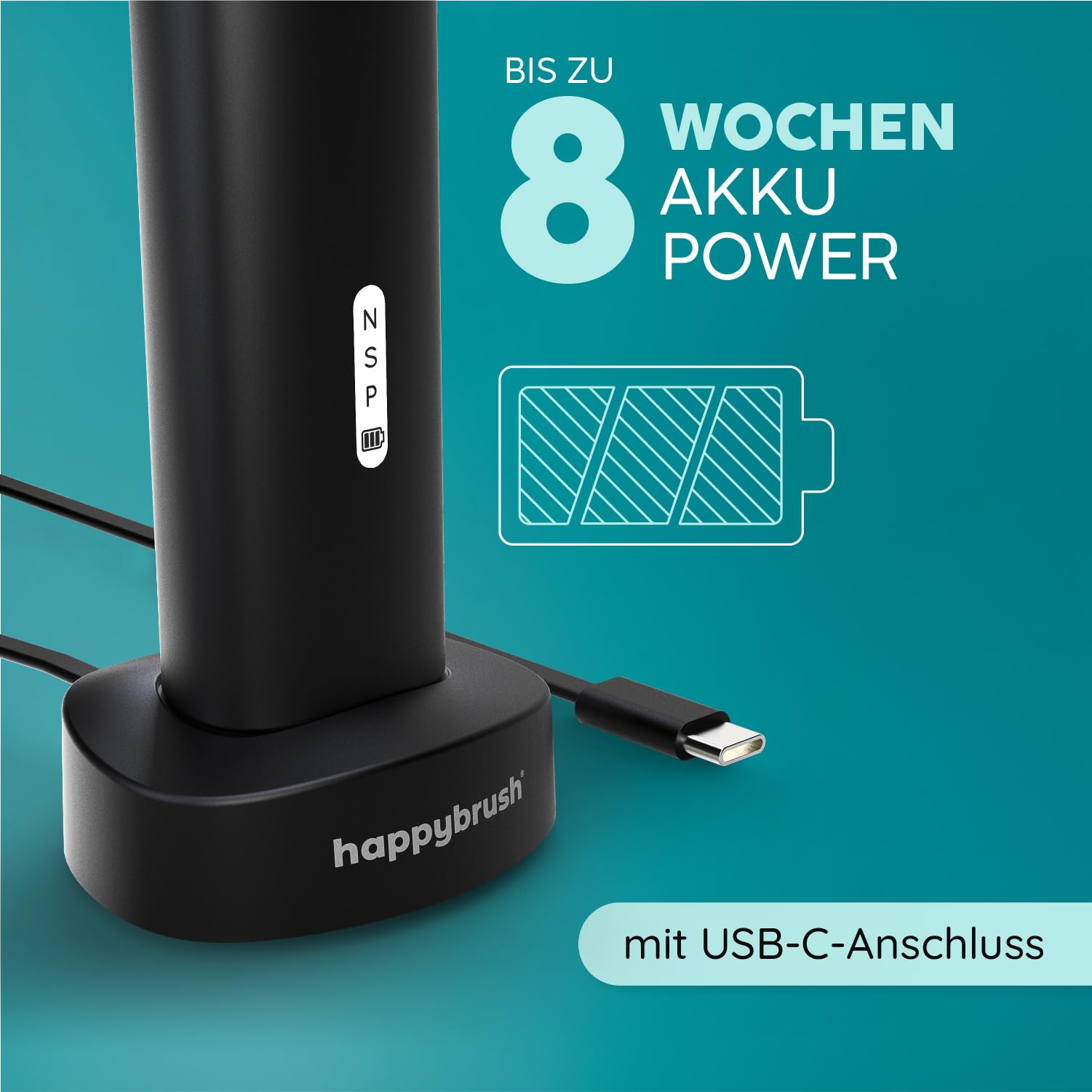happybrush Allblack Eco Vibe 3+ - Cepillo de dientes eléctrico con batería de 8 semanas