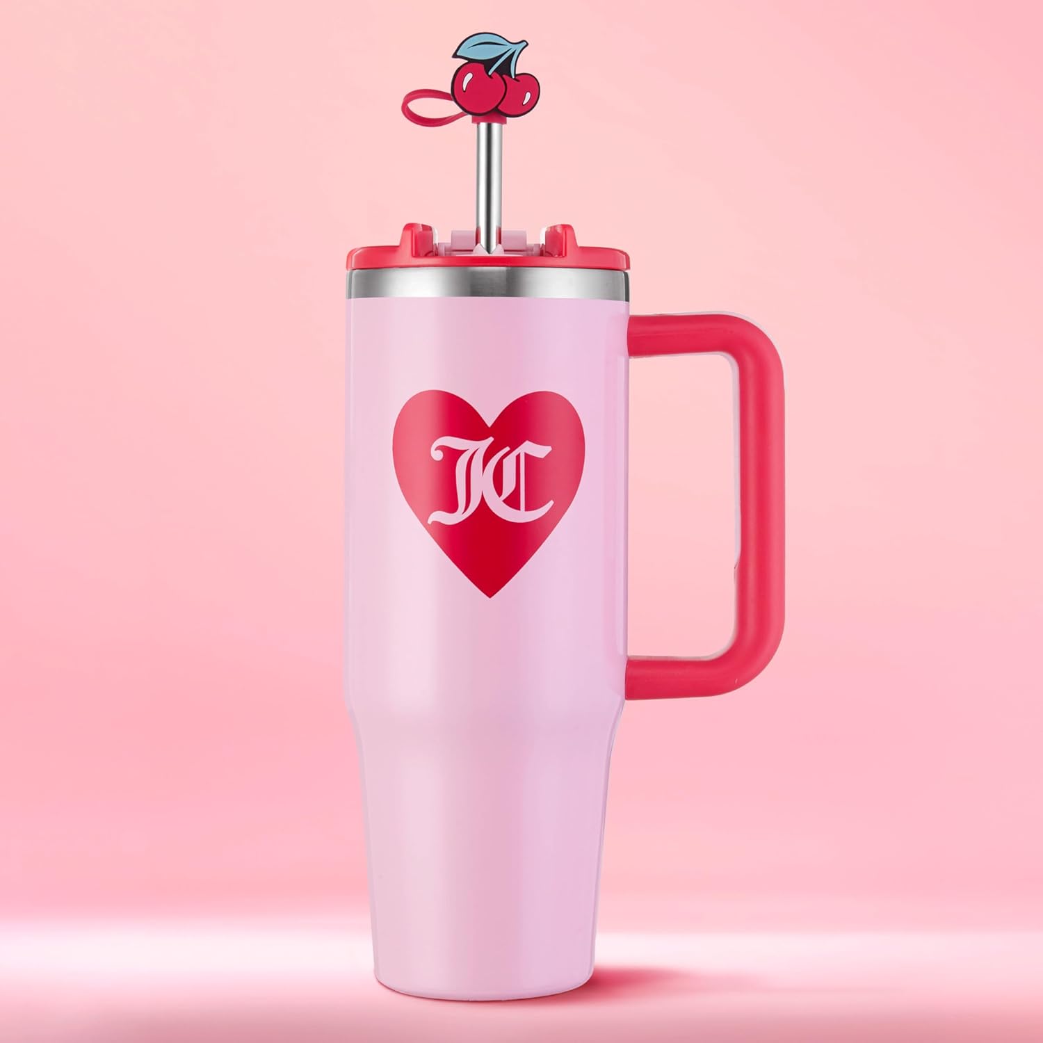 Juicy Couture Jetsetter 30oz Tumbler with Handle and Straw Topper, Light Pink