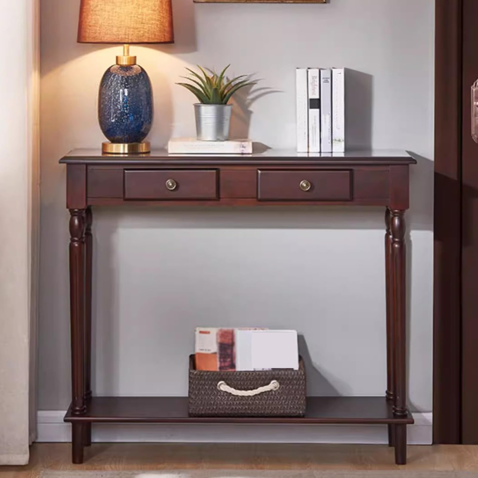 Consola Entrada Larga, Mesa Consola Rectangular de Madera para Sofá con Dos Cajones, Elegante Mueble Recibidor para Entrada, Recibidor, Pasillo y Sala de Estar(Brown)