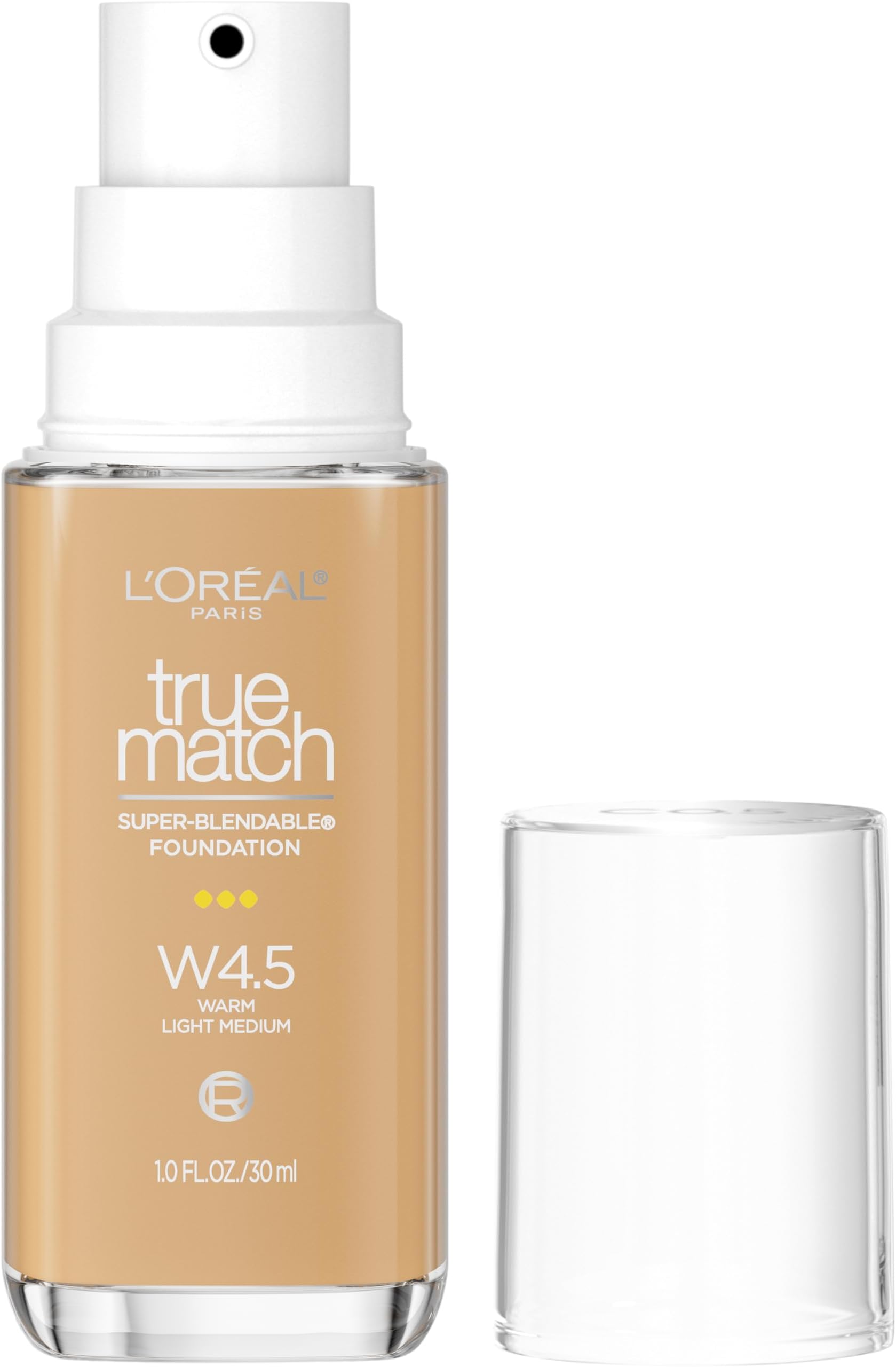 L'Oreal Paris True Match Super-Blendable Foundation, Medium Coverage Liquid Foundation Makeup, W4.5, Light Medium, 1 Fl Oz