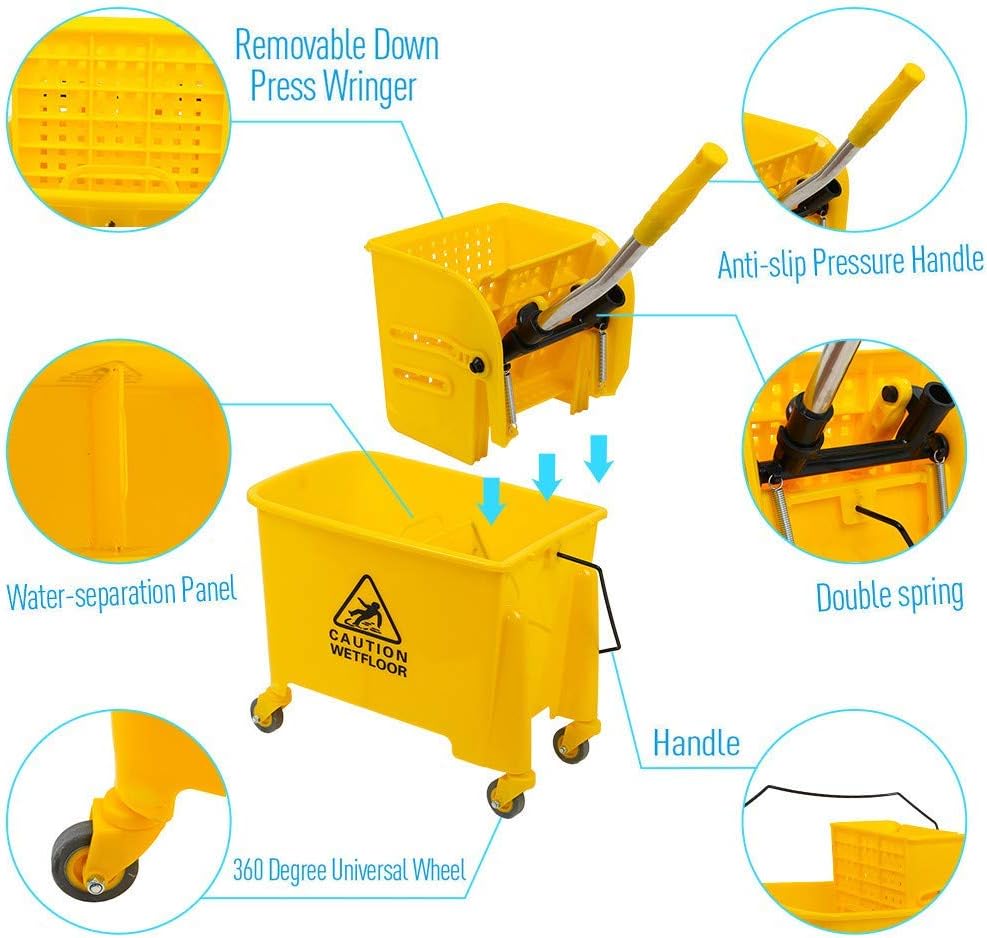 Mop Bucket with Wringer on Wheels, 5.28 Gallon Mop Bucket and Side Wringer Combo with Wheels for Business, Commercial Janitorial Cart Spring Wringer for Home and Industrial