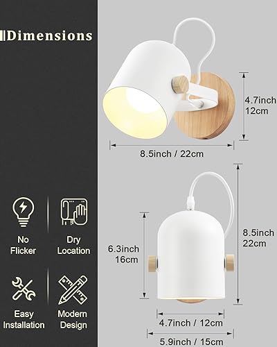 Miniatura 4 de BinoBro Aplique de pared moderno negro, luces de pared de madera giratorias, apliques de tocador de baño con pantalla blanca mate, adecuado para