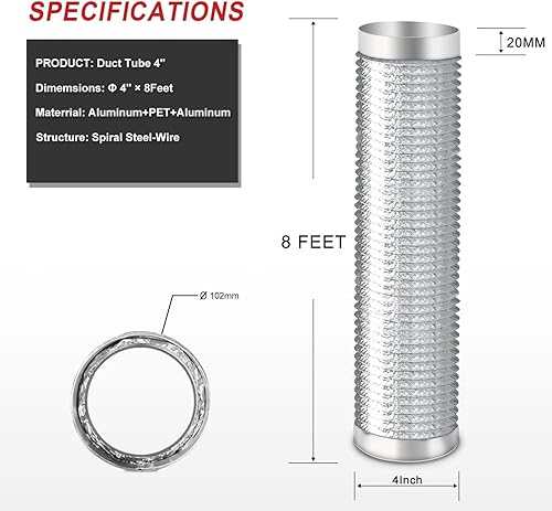 Miniatura 5 de Manguera de ventilación de secadora de 4 pulgadas y 8 pies, conductos de 4 pulgadas, conducto flexible de papel de aluminio, con 2 abrazaderas