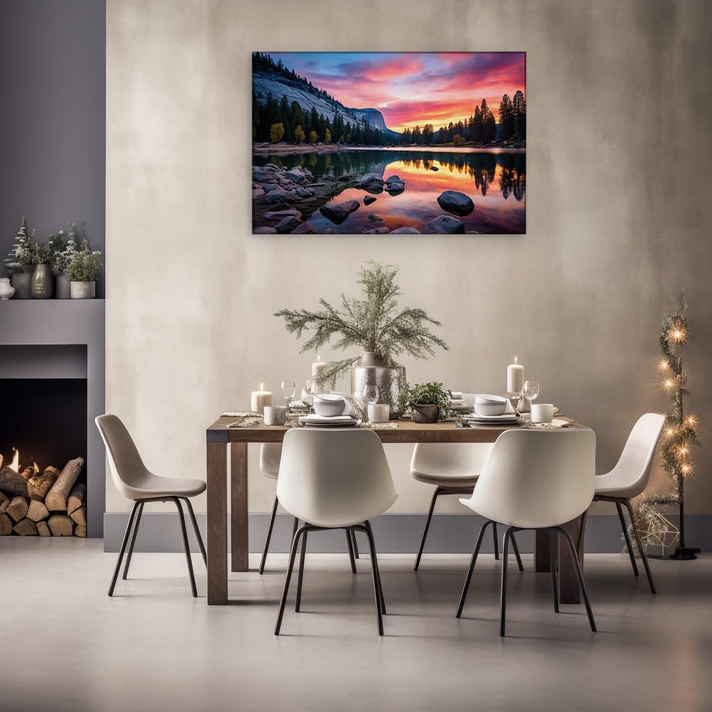 Canvas for Living room. Reflecting Tranquility: A Serene Lakeside Sunset Amidst Nature's Splendor, 27 x 18 inch Canvas Wall Art - Contemporary Masterpieces - Modern Home Decor