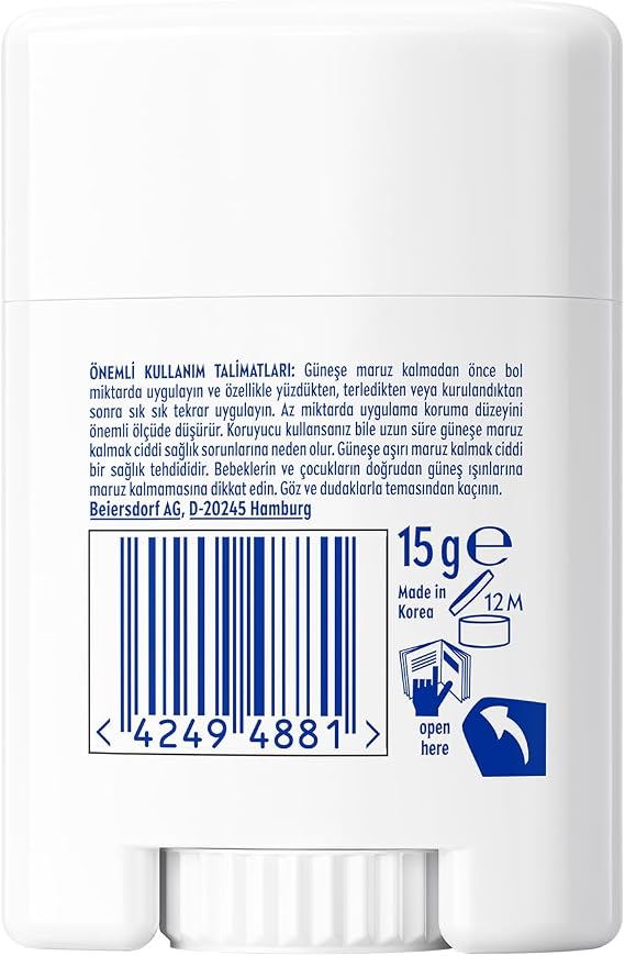 NIVEA SUN SPF50+ Yüksek Güneş Korumalı Kore Stick Yüz Güneş Kremi 15 gr,Hassas Yüz Bölgeleri,Kokusuz Formül,Makyaj Altına Uygulanabilir,Cep Boy
