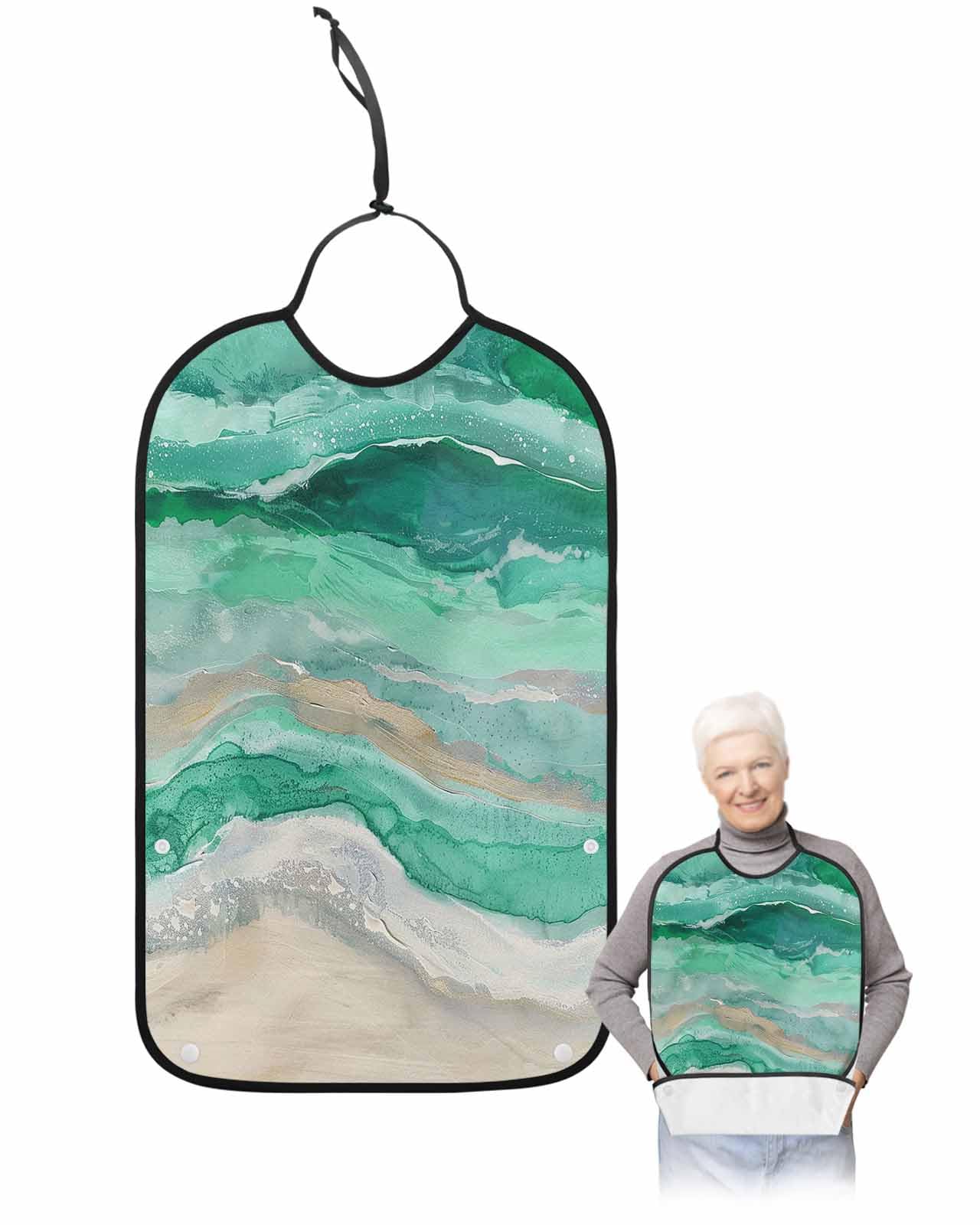 LEOKOTI Green Coastal Adult Bibs for Eating, Waterproof Bibs with Food Catcher & Adjustable Snap Closure, Summer Beach Nautical Abstract Art Washable Clothing Protectors Adult Bibs for Elderly