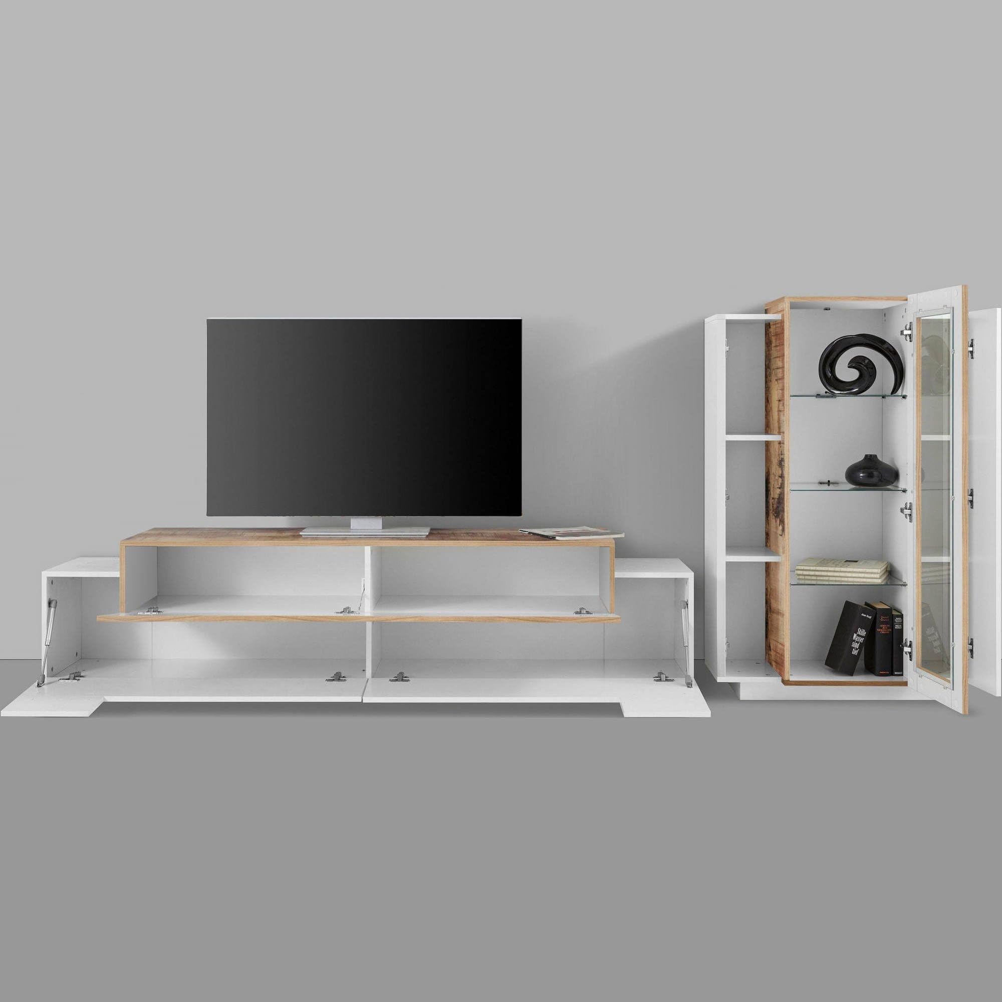 Dmora Parete Attrezzata Mirko 45x280x121h cm Bianco Lucido Modulabile 12 Ripiani, 14 Vani Made in Italy