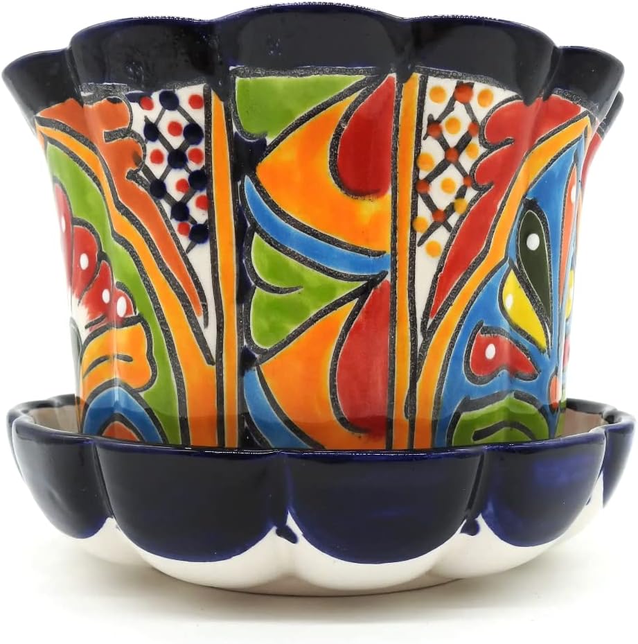 Violet Pot Planter with Saucer Large Hand Painted Indoor Outdoor Multi Colored Figure Glazed