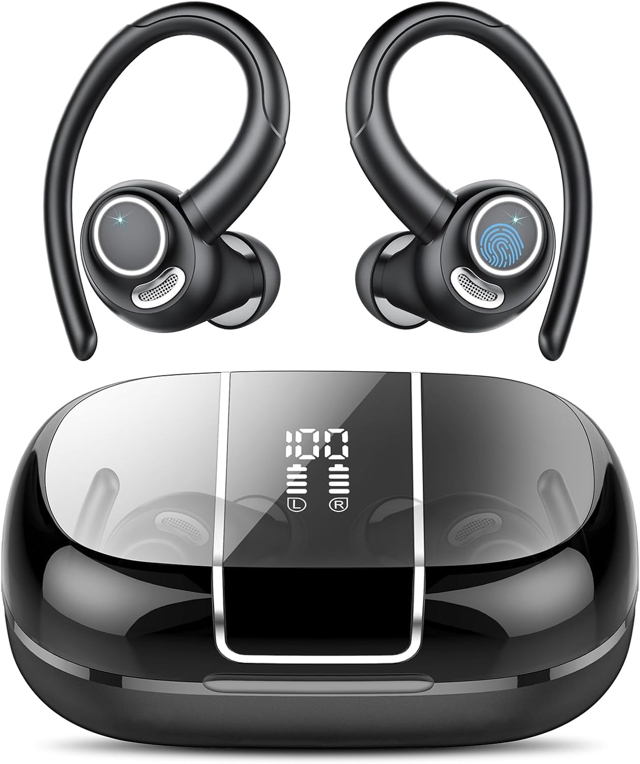 Csasan Auriculares inalámbricos Deportivos, Cascos Sonido Premium Negro | 48H Bluetooth 5.3 Auriculares con HD Micrófono y Pantalla LED, Diseño de Gancho de Aire, iOS Android para Deportes/Fitness