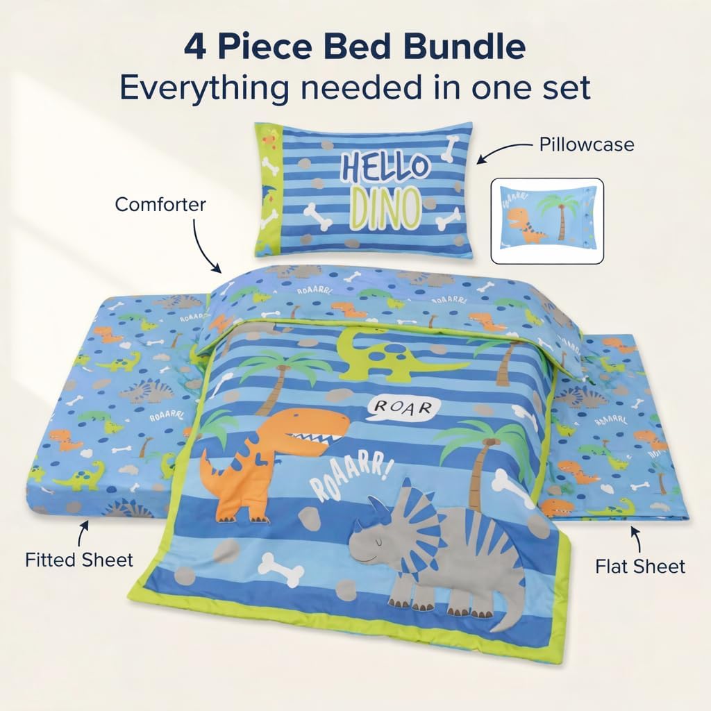 EVERYDAY KIDS 4 Piece Toddler Bedding Set – Roaring Dinosaurs - Includes Comforter, Flat Sheet, Fitted Sheet and Reversible Pillowcase – Boys Toddler Bedding