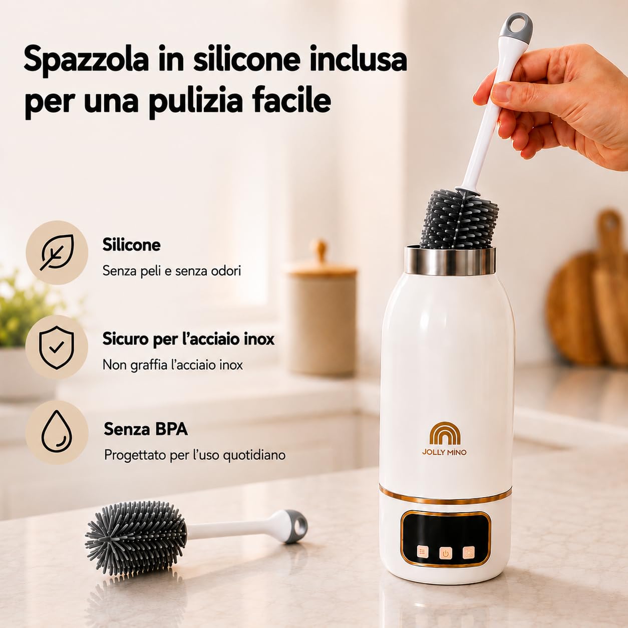 Scaldabiberon Portatile Senza Fili 500ml, Acciaio Inox, Temperatura Regolabile 35-55°C, Acqua e Latte Materno, Viaggio/Auto/Notte, Spazzolino Incluso, Design Dorato Premium