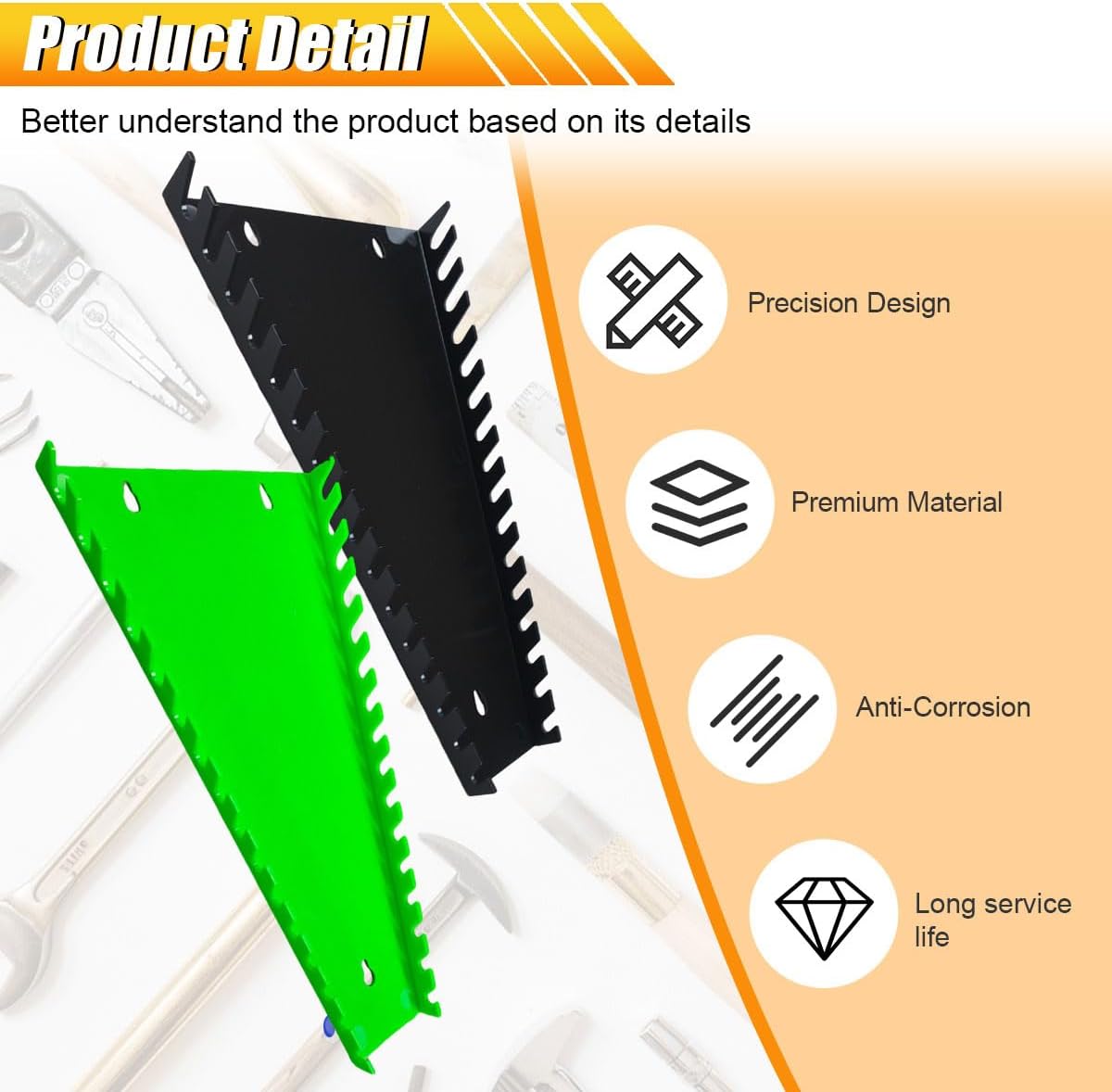 2PCS Wrench Organizer Tray, 16-Slot Each Wrench Rack Tray, Fits SAE (1/4" to 1-1/16") and Metric (6mm to 24mm) Wrenches, Heavy Duty Tool Holder for Toolbox or Drawer Storage (Black&Green)