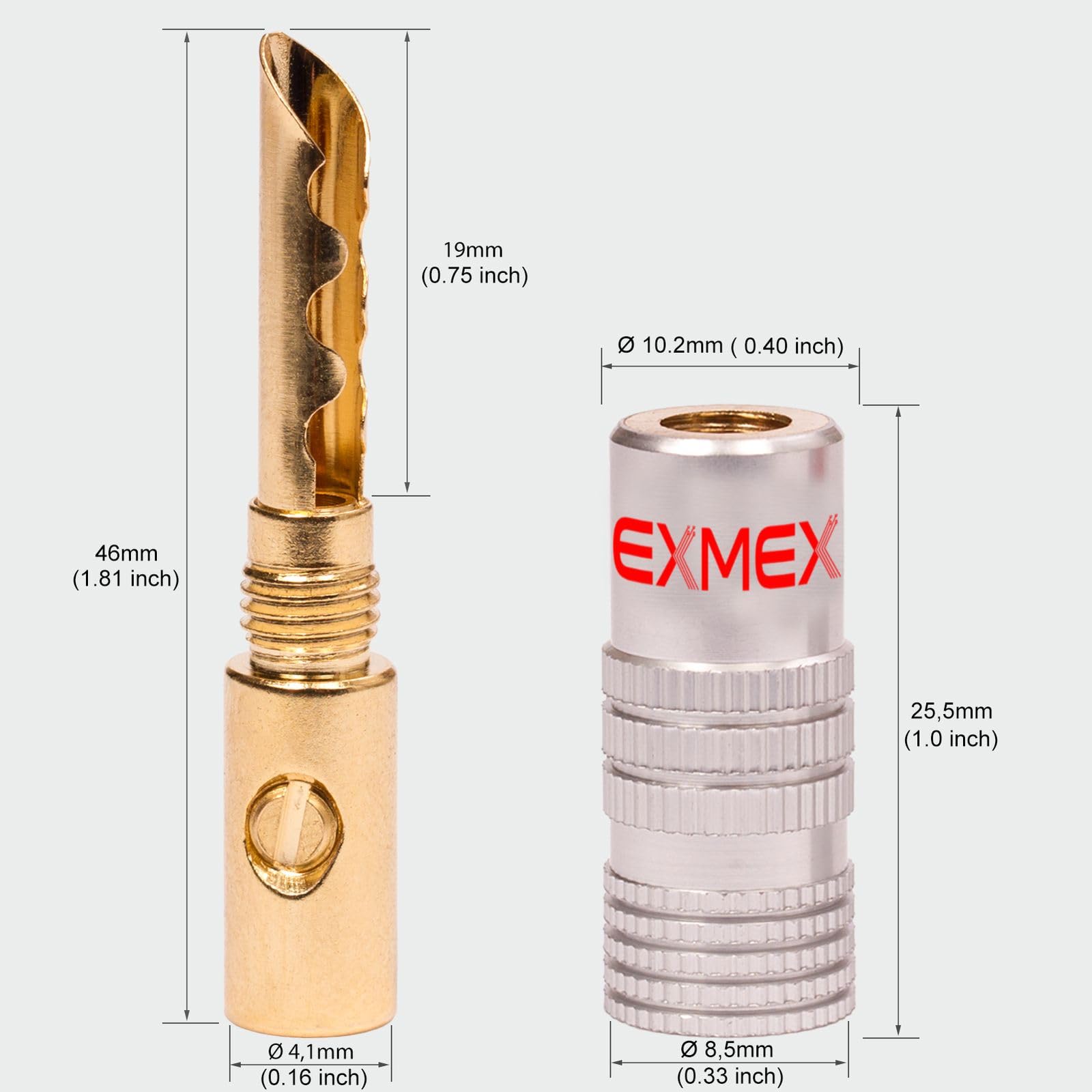 NEXMEX Hohl Bananenstecker 4mm - 20 Stück Stecker als Set - Hohl Steckverbinder 24K vergoldet Hohlbananas für Lautsprecherkabel - HiFi Lautsprecheranschluss