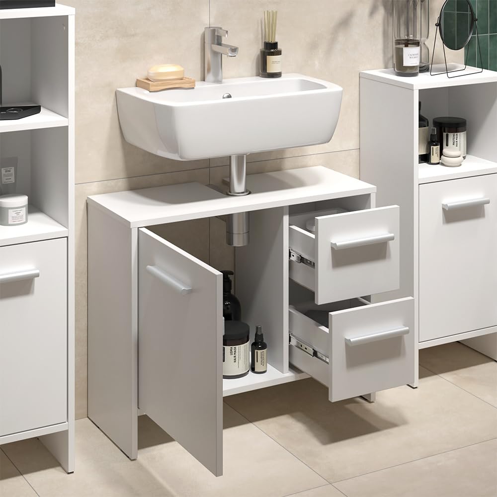 Vicco Mobile sottolavabo per bagno Karli, Bianco, 70.2 x 57 cm con 2 cassetti e 1 anta, adatto per il montaggio sotto lavabi standard