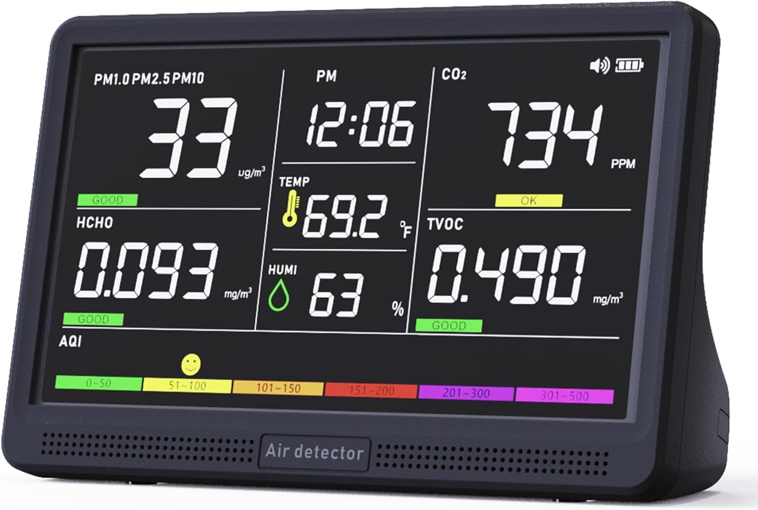Professional Indoor Air Quality Monitor with 7X AQI Beep Alarms,16 in 1 Portable Real-Time Detector for PM2.5 | PM10 | CO2 | TVOC | HCHO | Temp | Hum for Home Cars Plants Pets (Dark Black)-image-16