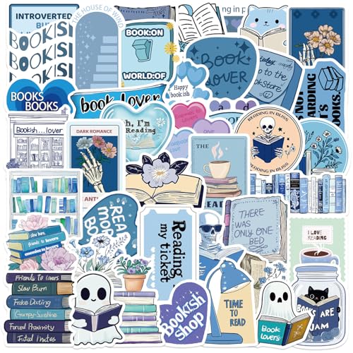 50Pcs Bookish Stickers for Kindle, Holographic Book Sticker Pack Reading Booktok Glitter Vinyl Decals for Laptop Ebook Readers Water Bottles Journal Scrapbook Waterproof (Blue)