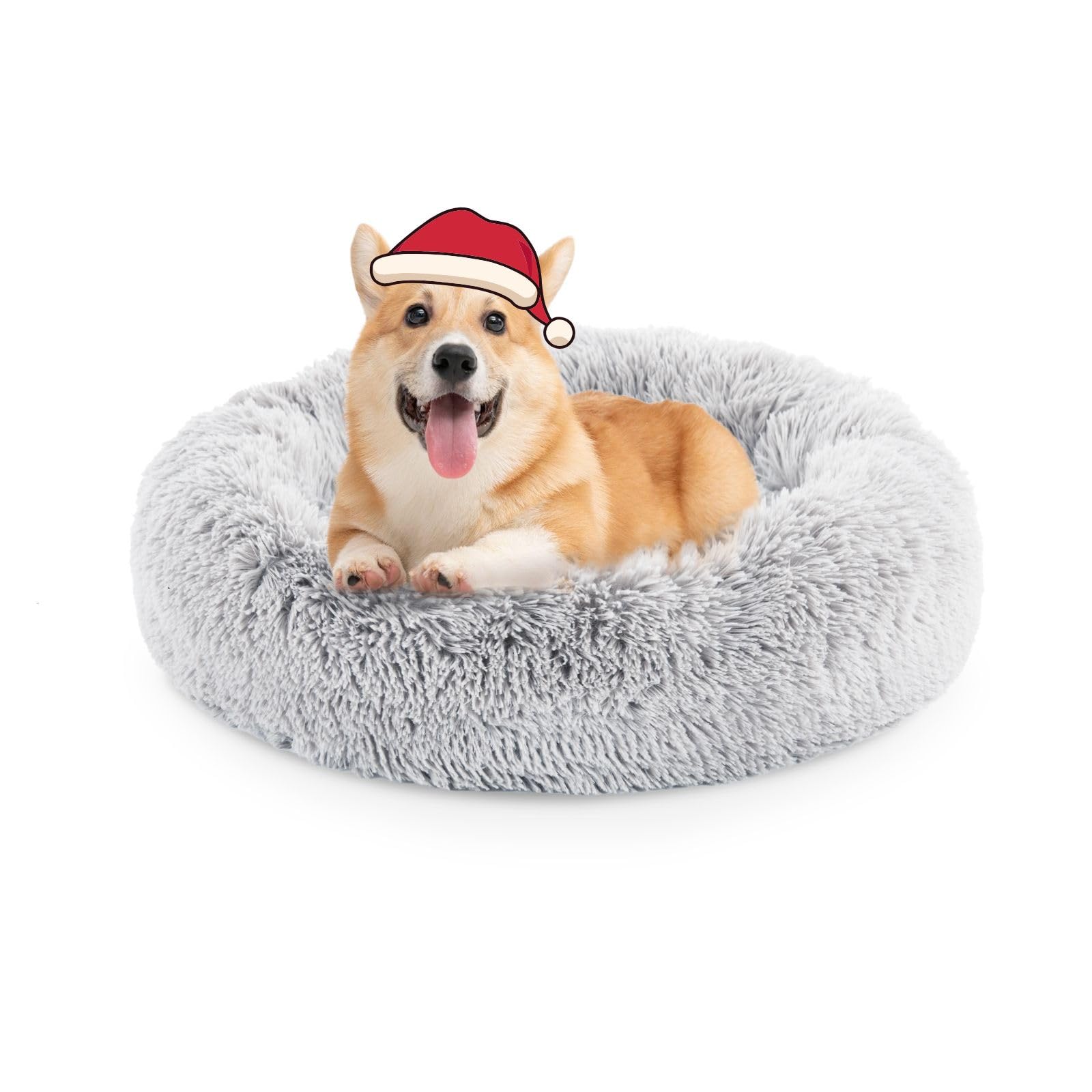 FluffyDream 30 inch Donut Calming Cat Bed Brown Dog Round Sofa Washable Plush Fur Pet Chair Grey