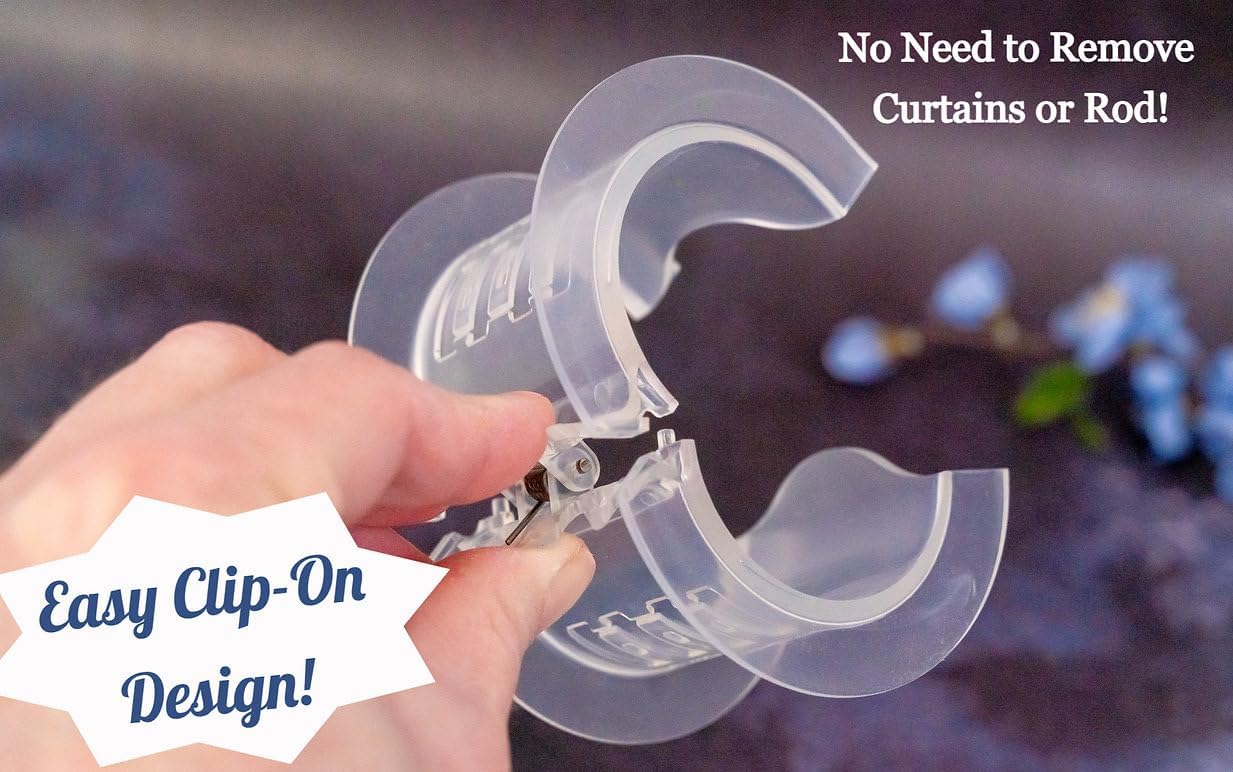 Curtain Spacers - Easy Clip-On - No Rod Removal - Curtains Remain Full & Functional - Clear & Durable - Fits Most Curtain Rods - 8 Pack - Small