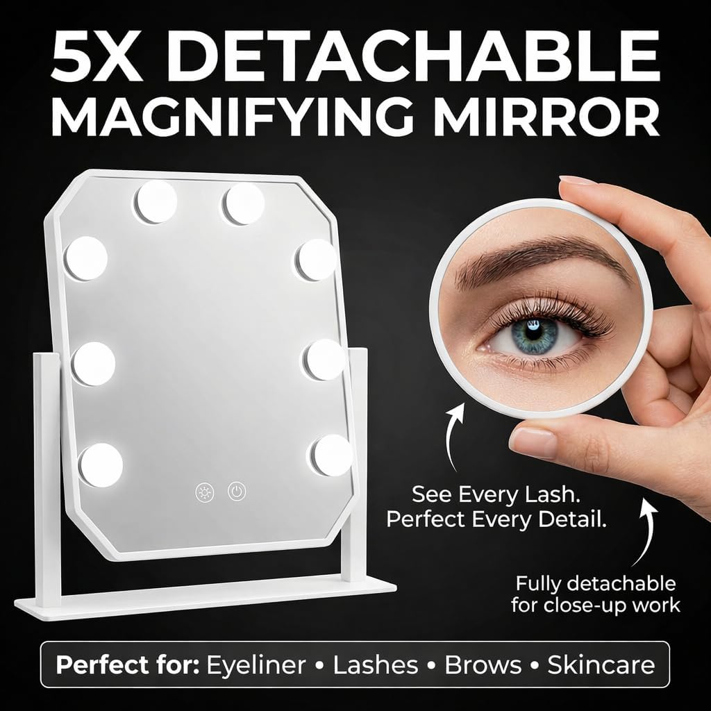 9.8"x11.8" Hollywood Vanity Mirror with LED Lights, 3 Color Modes & 5X Magnifying Mirror, 360° Rotation Tabletop Desk Makeup Mirror for Dorm & Bedroom, White