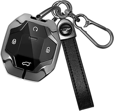 for Chery Jetour T1 Car Key Fob Case Cover Compatible with Chery Jetour T2 Traveller 2023 2024 2025 X90 X70 X95 Dashing X-1 Plus DTC Leather Keychain Holder Metal Key Shell 4 Buttons-A Black