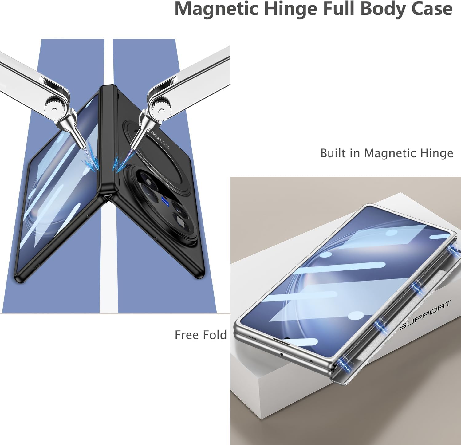 ZORSOME Compatible with Vivo X Fold 5 Magnetic Hinge Case,Bulit-in Screen Protector,Ultra Thin Luxury Plating All-Inclusive Shockproof Full-Body Protective Kickstand Cover (Sliver, HD Screen)