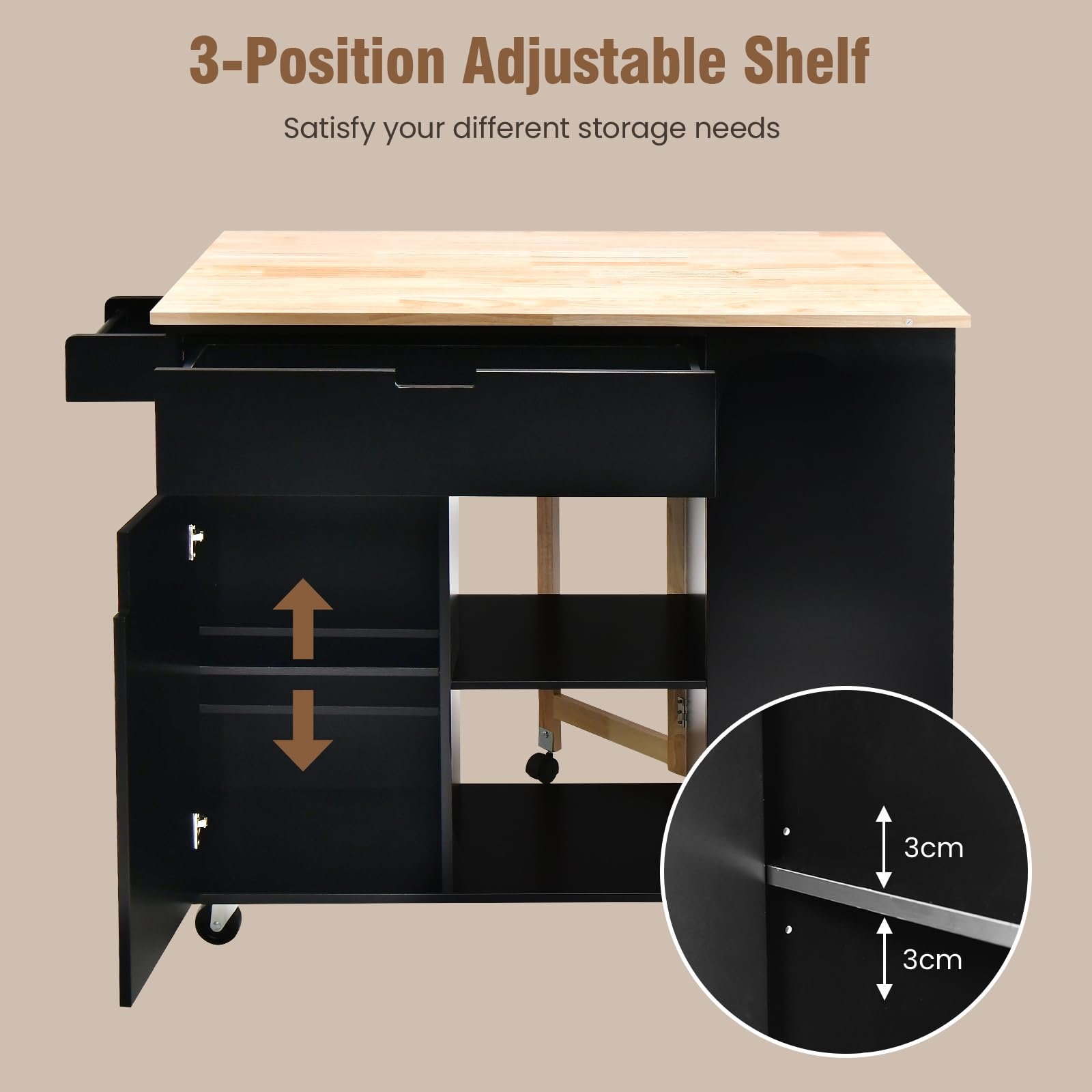 KOMFOTTEU Carrello da Cucina a Isola in Legno, Carrello di Servizio con Piano di Lavoro Estraibile, Mobile da Cucina con Cassetto, Ripiano Regolabile, Carrello da Cucina a Isola (Nero)