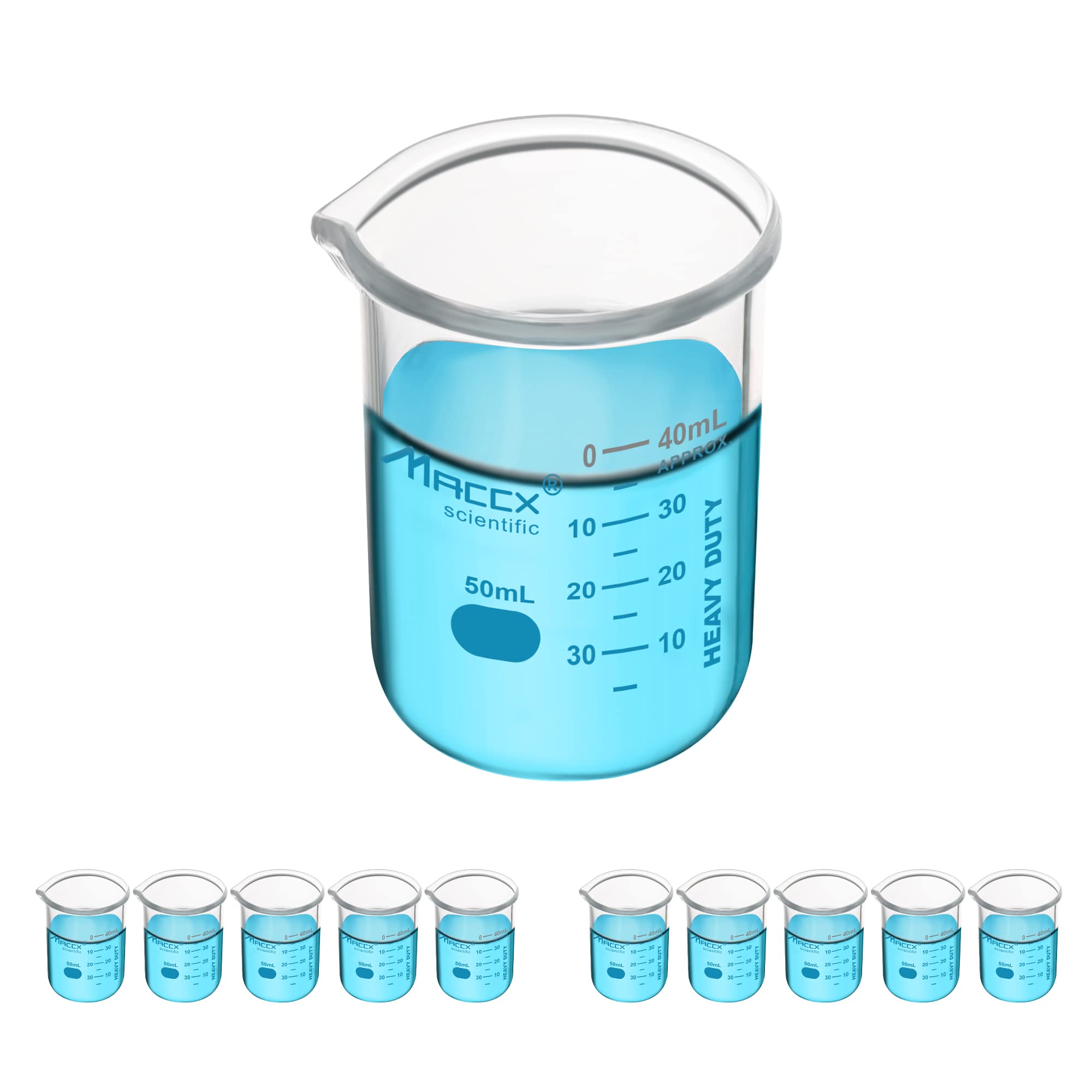 1.7oz(50ml) New Upgraded Glass Beakers, Heavy Duty Lab Beaker Set, 3.3 Borosilicate with Double Scale, Pack of 10, HDBK50-010