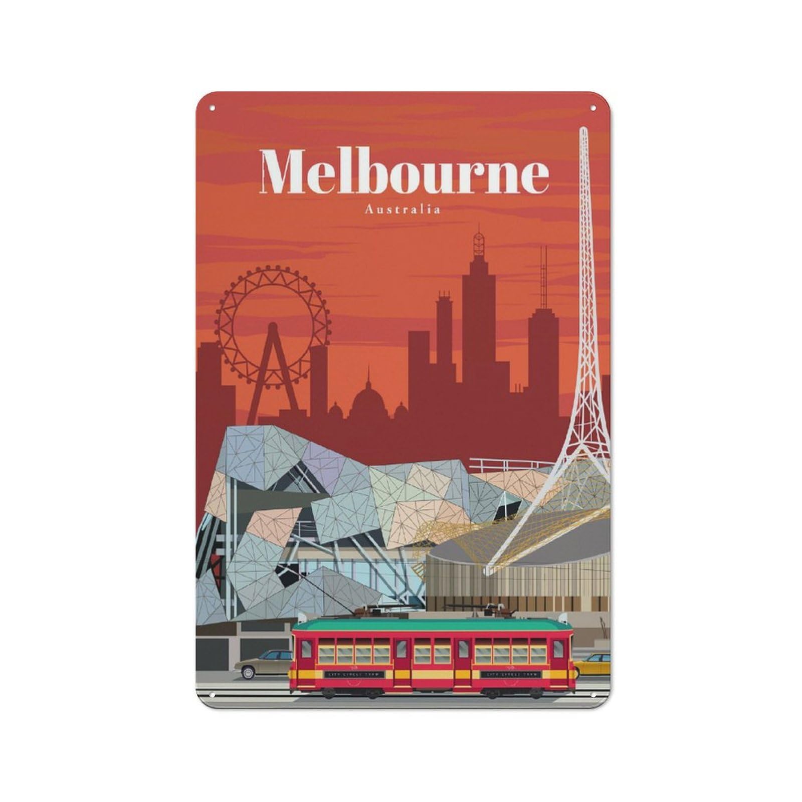 Junmoney Traveling To Melbourne Metal Wall Art Sign With Design 30X20cm, Modern Retro Urban Room Decor For Workspace, Cafe, Hallway Or Garage