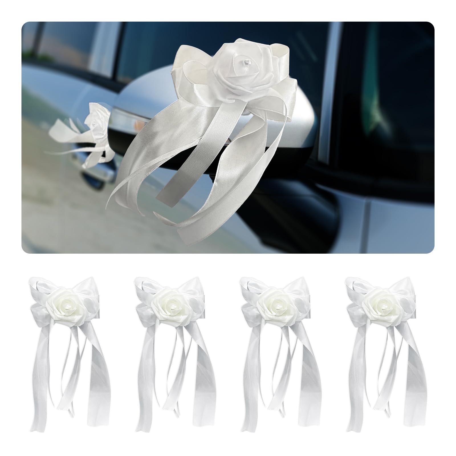 Roses blanches artificielles avec nœud en ruban pour décoration voiture mariage romantique