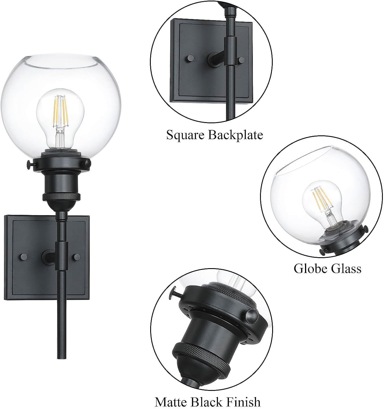 XiNBEi Lighting Black Wall Sconce, 1 Light Vanity Light Fixture with Globe Glass Modern Sconces wall Lighting for Bathroom Mirror Bedroom Hallway XB-W1275-1-MB
